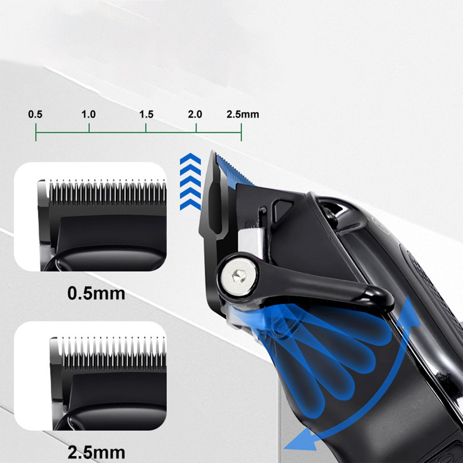 Schwarzer Haarschneider mit Klingenlängen 0,5 mm und 2,5 mm. Blaue Pfeile zeigen den Luftstrom an. Weißer Hintergrund mit Längenindikatoren.