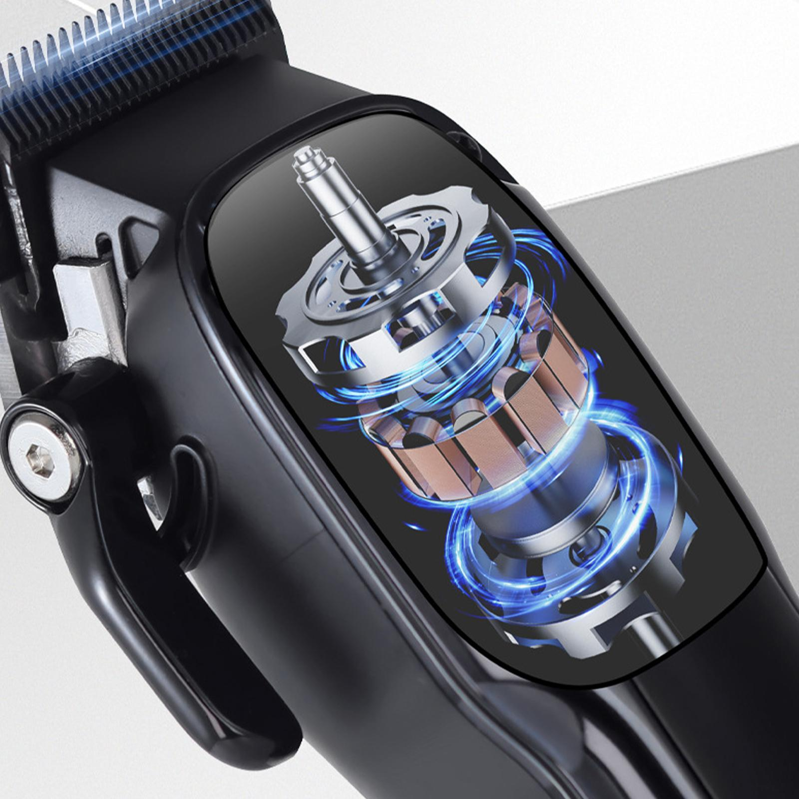 Schwarzer Elektrorasierer mit interner Mechanismusillustration, zeigt Komponenten, mit blauen Lichtdetails.