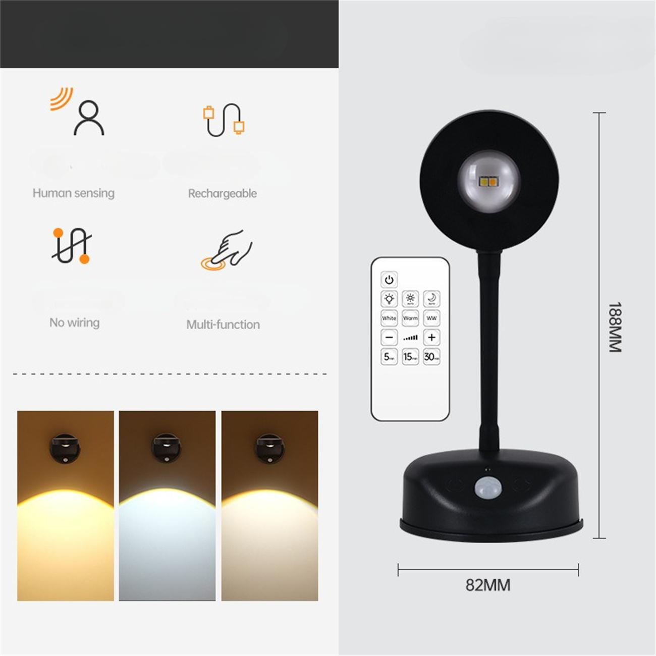 Eine schwarze Schreibtischlampe mit kreisförmigem Leuchtkopf. Sie hat eine Fernbedienung und zeigt Funktionen wie Bewegungserkennung und Aufladbarkeit.