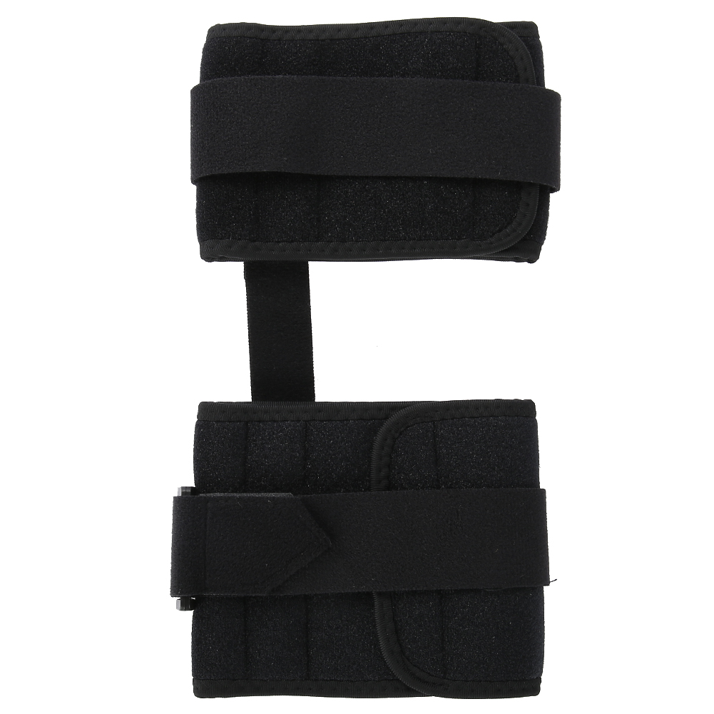 Eine schwarze Handgelenkstütze mit Klettverschlüssen wird gezeigt. Sie hat zwei gepolsterte Abschnitte, die durch einen vertikalen Riemen verbunden sind.