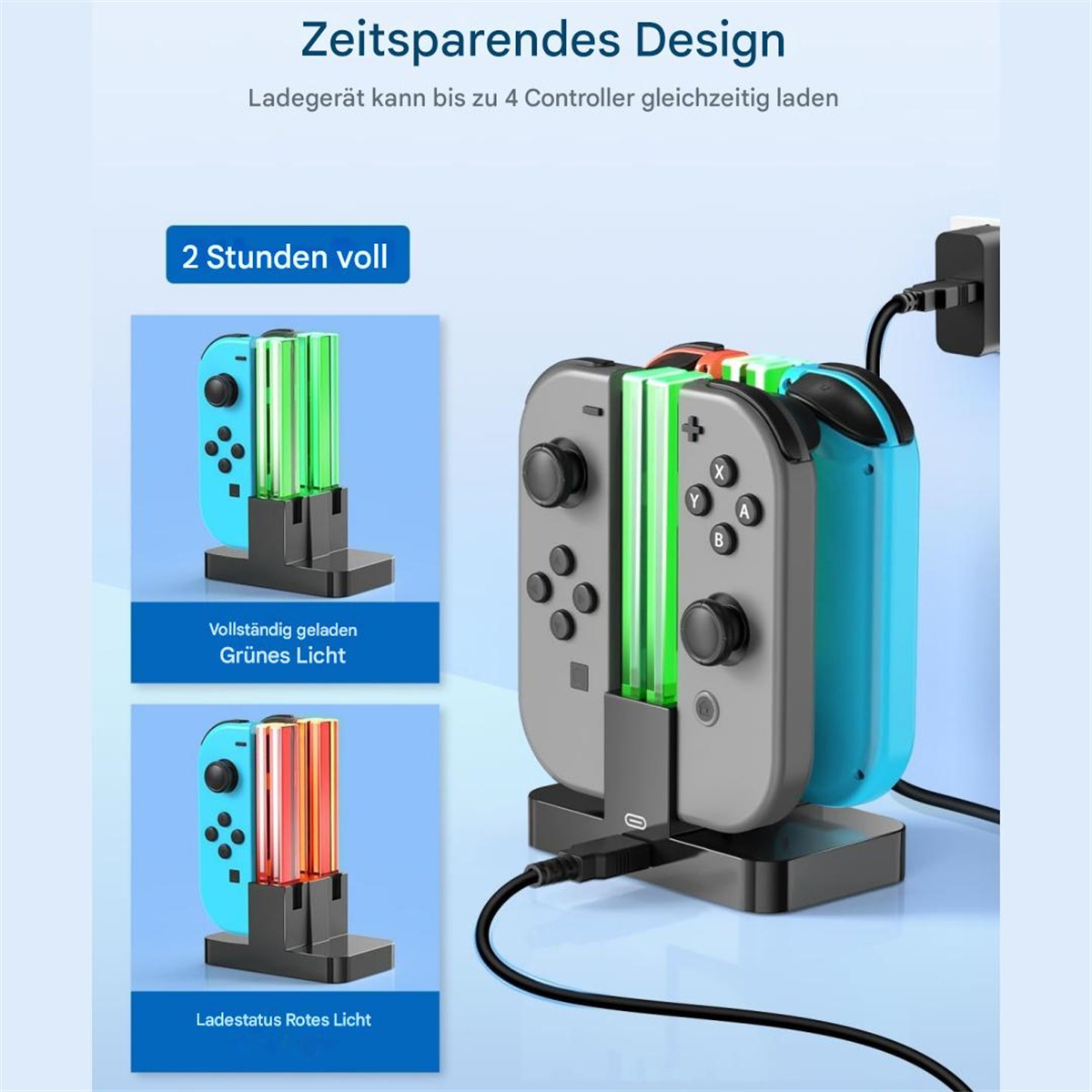 Ein Controller-Ladegerät mit zwei Controllern und einem Netzteil wird gezeigt. Ein Controller lädt mit grünem Licht, ein anderer mit rot.