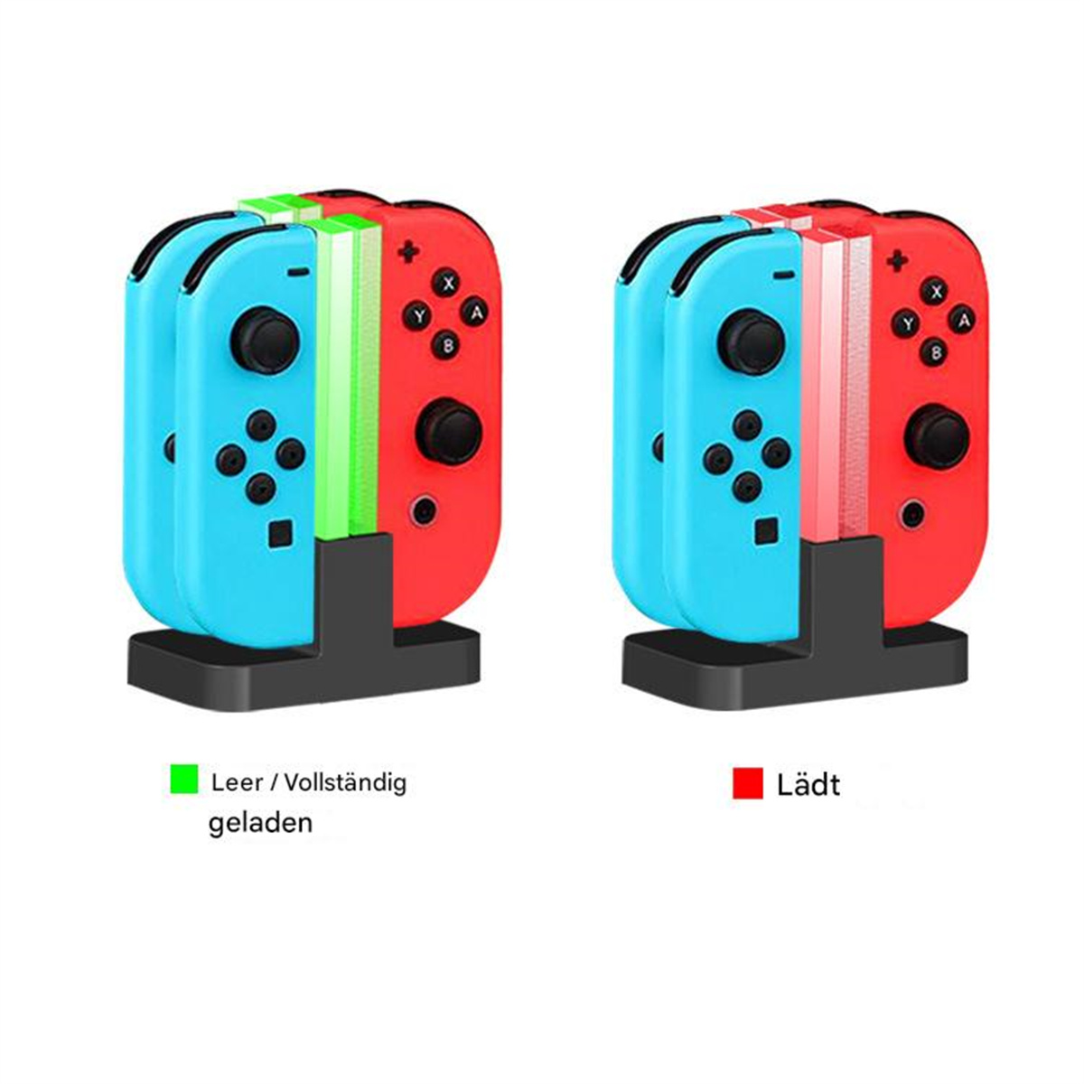 Zwei Sätze Switch Joy-Cons in einem Ladegerät. Ein Satz voll geladen (grünes Licht), der andere lädt (rotes Licht).