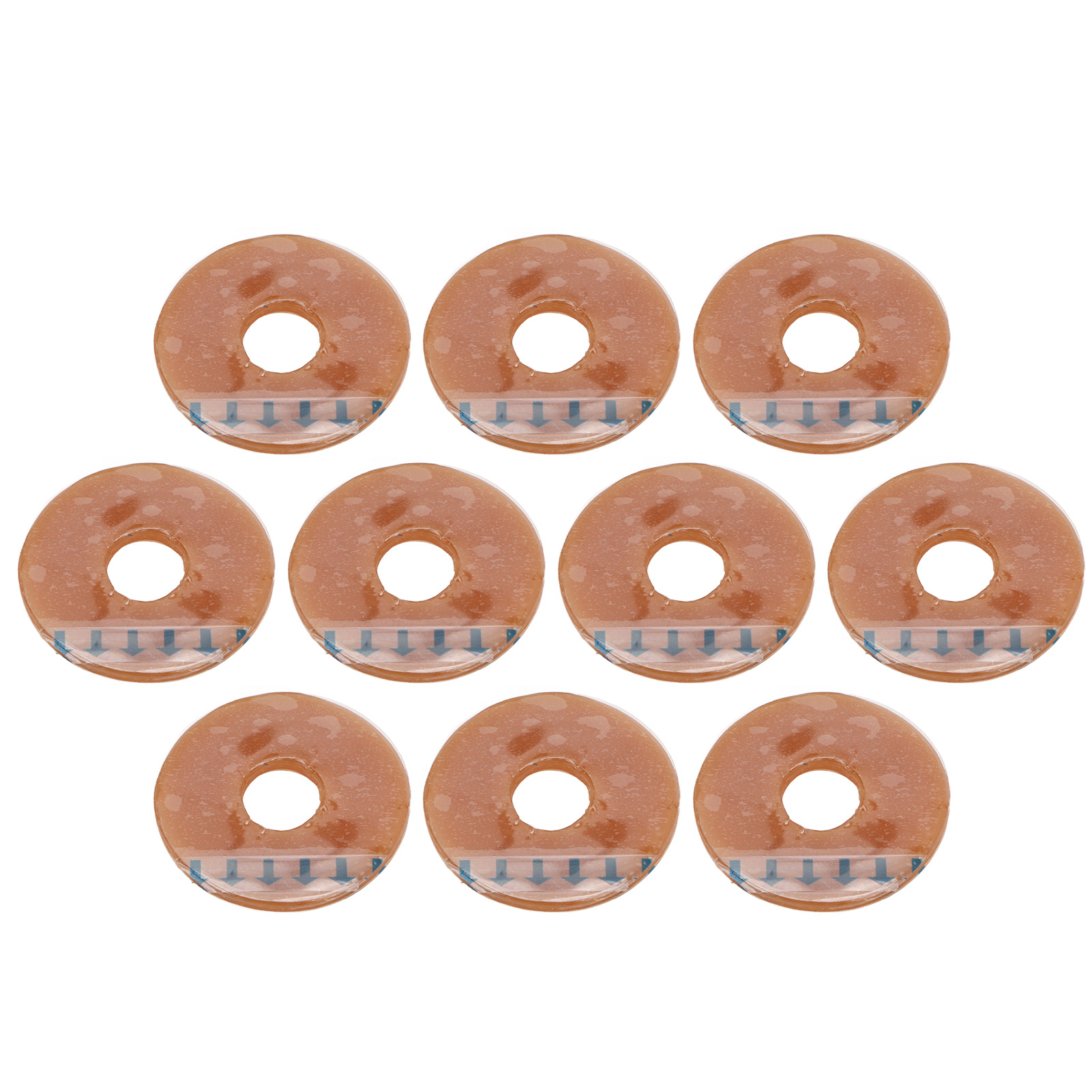 Neun braune, donut-förmige Objekte mit zentralem Loch und blauen Pfeilaufklebern sind auf weißem Hintergrund angeordnet.