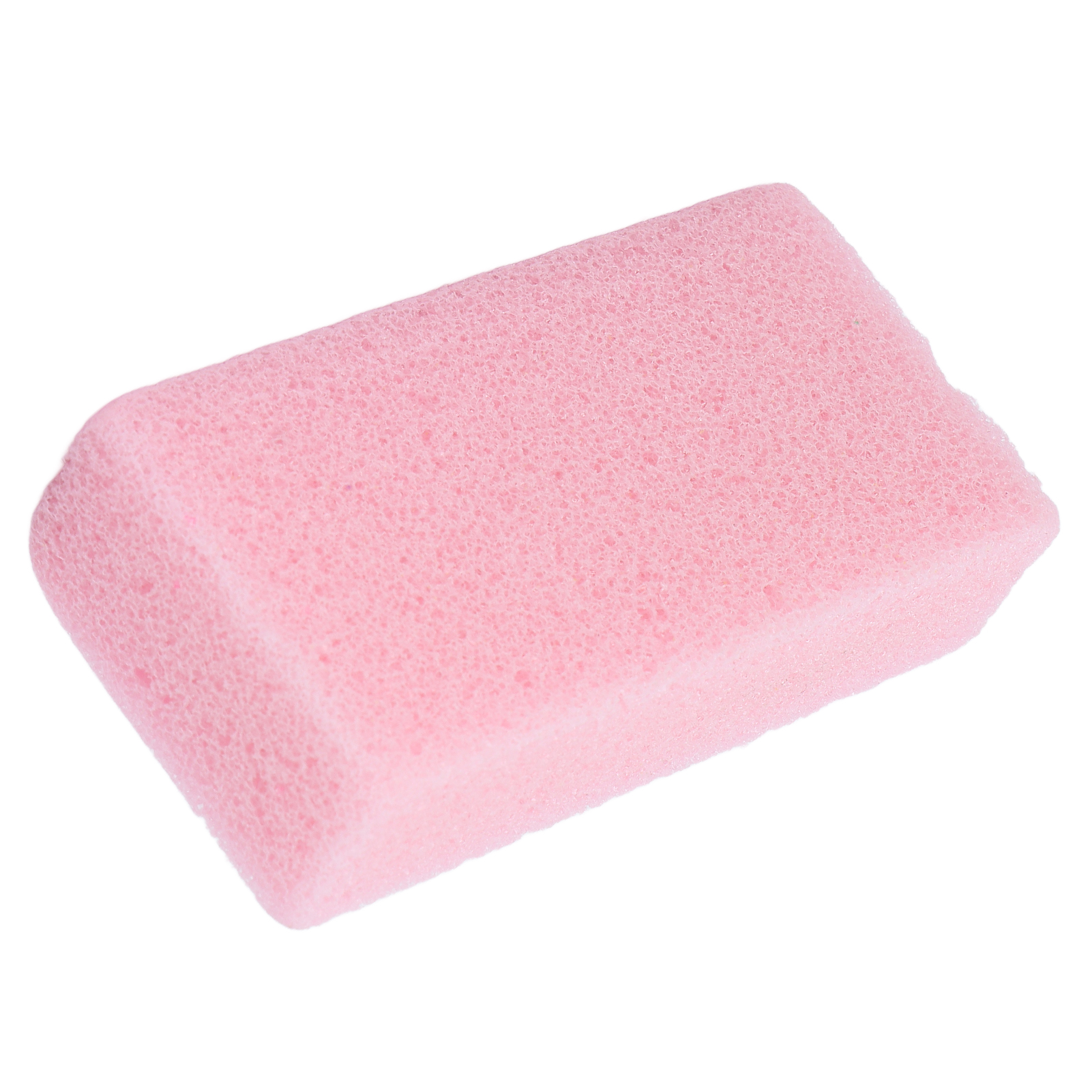 Ein rechteckiger, rosa, poröser Schwamm liegt auf weißem Hintergrund. Er wirkt weich und dient möglicherweise zum Reinigen oder Baden.