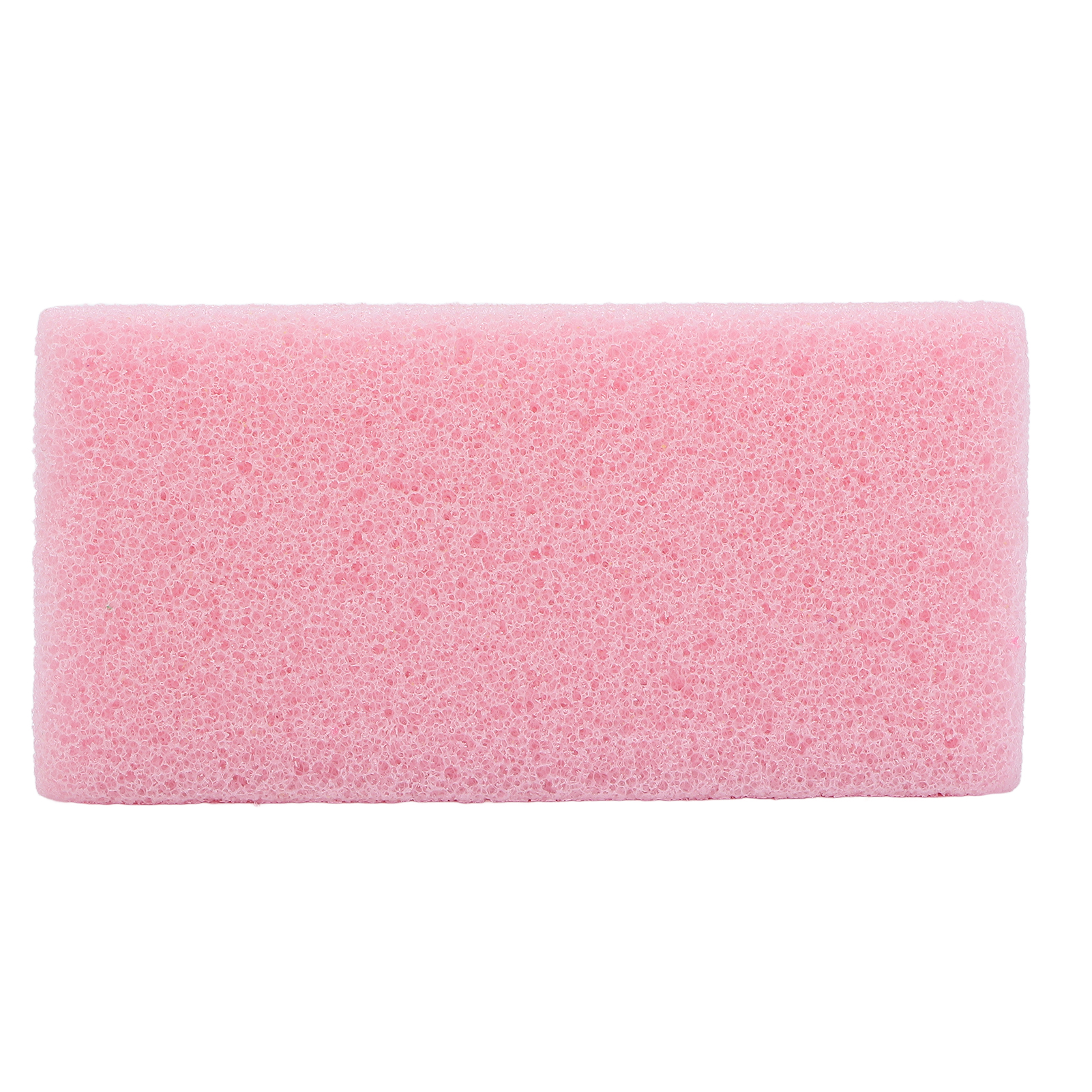 Ein rosa rechteckiger Schwamm mit poröser Textur, auf weißem Hintergrund zentriert.