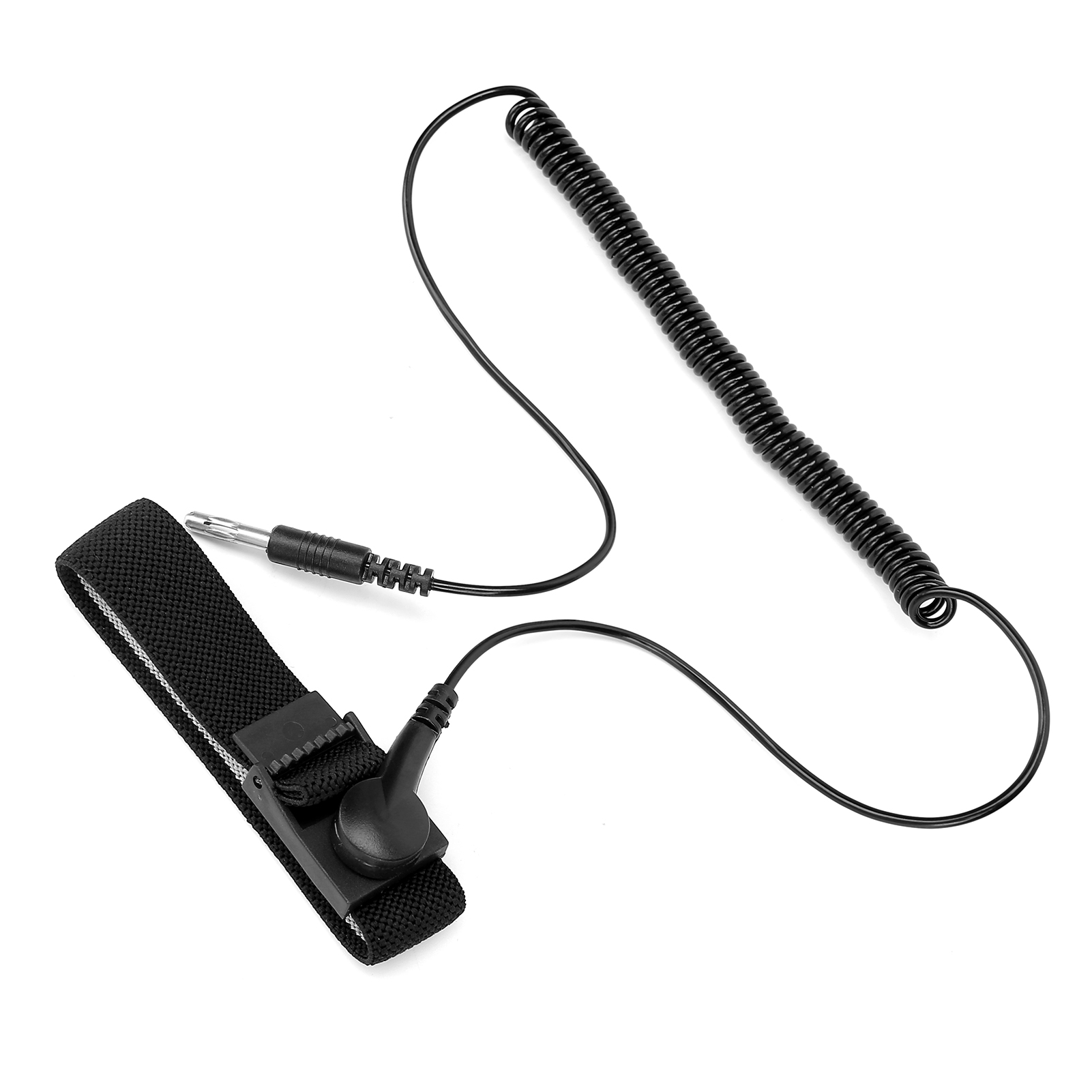 Ein antistatisches Armband mit schwarzem Band, schwarzem Spiralkabel und Stecker auf weißem Hintergrund.