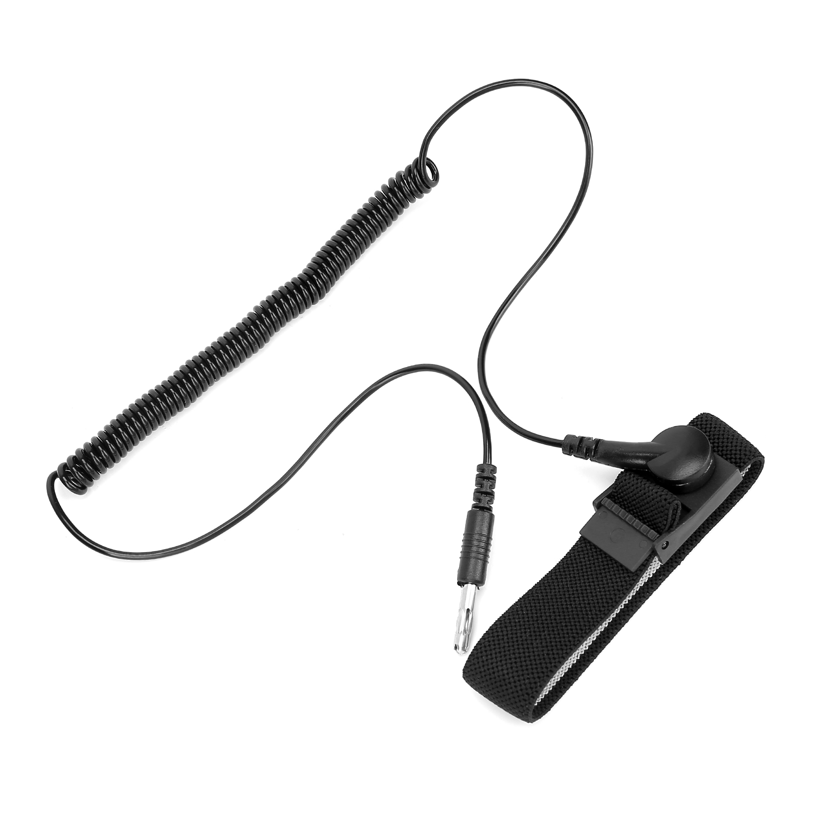 Schwarzes antistatisches Armband mit Spiralkabel und Stecker auf weißem Grund.
