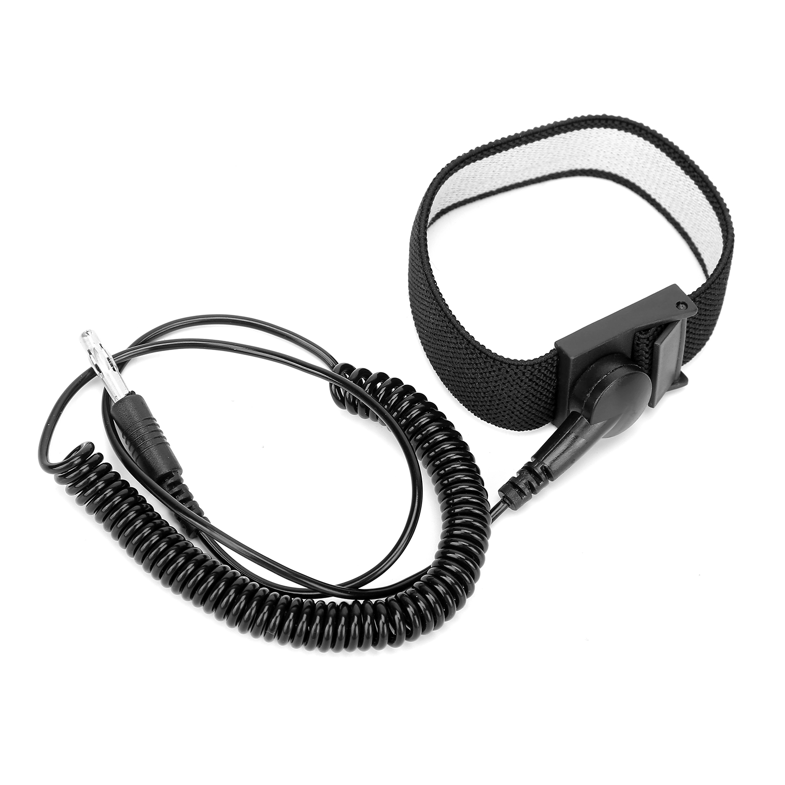 Ein antistatisches Armband mit einem schwarzen Spiralkabel und einem schwarz-weiß gestreiften Stoffband.