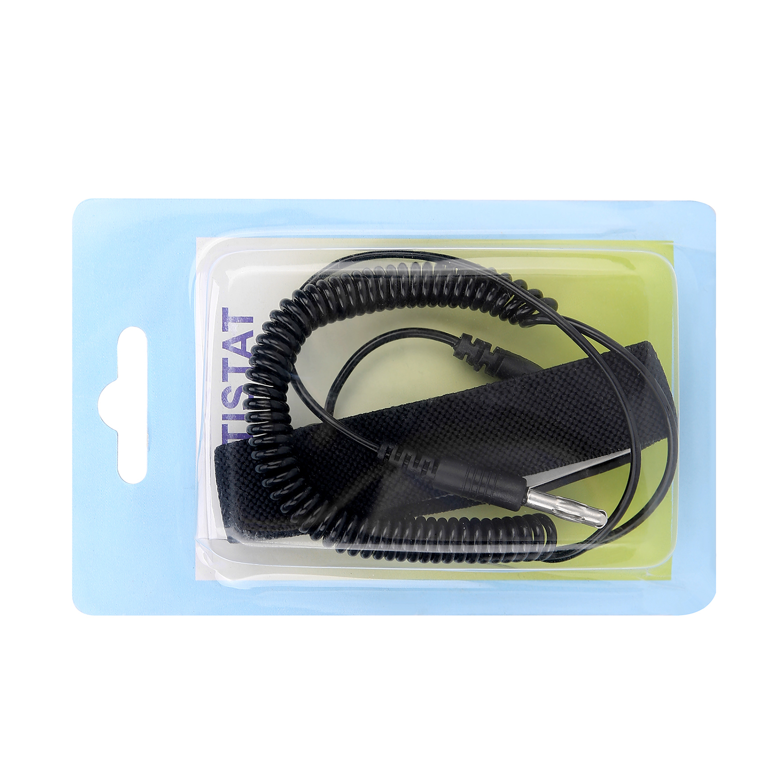 Schwarze antistatische Armschlaufe in Kunststoffverpackung. Enthält Spiralkabel, Stoffband und Anschlüsse.