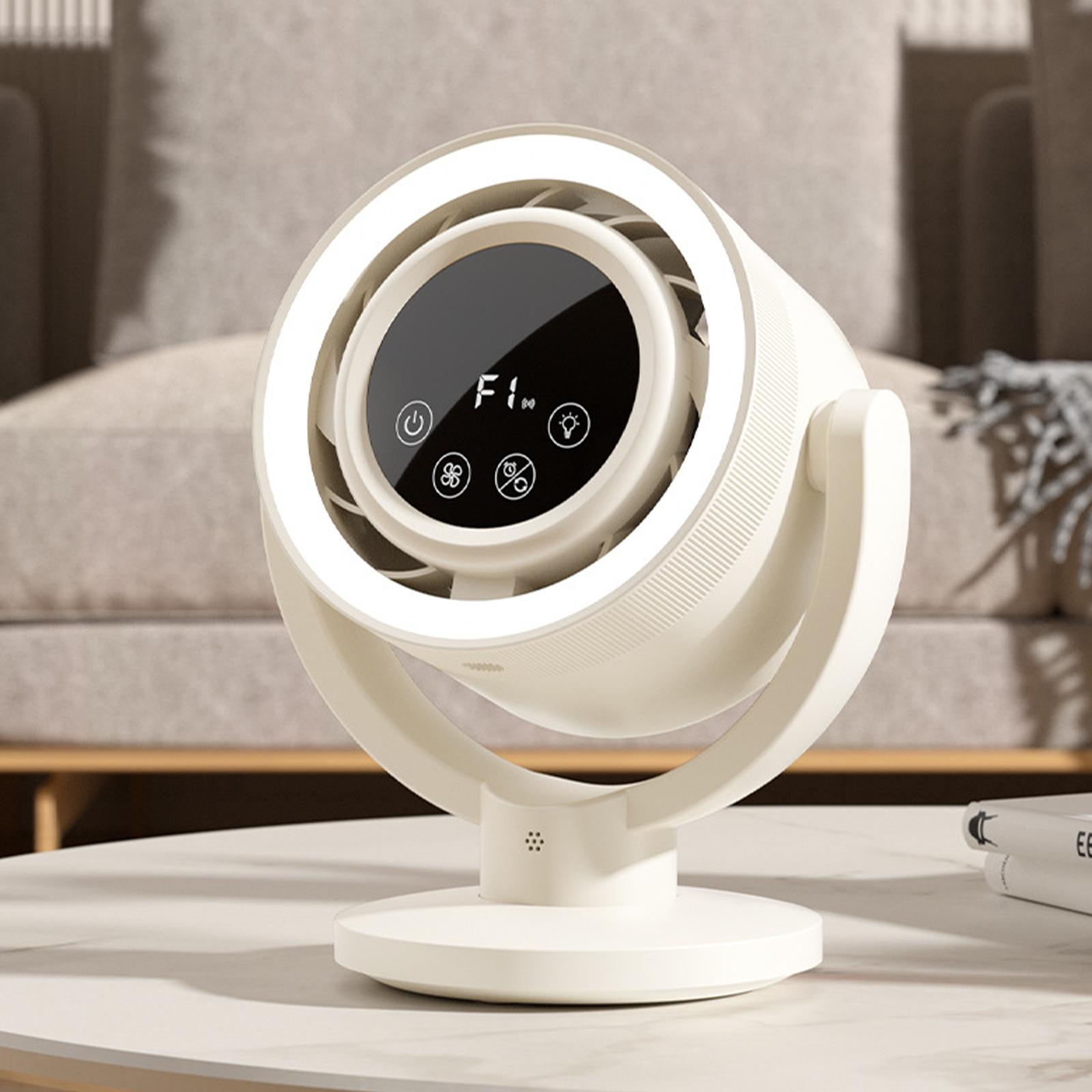 Weißer Ventilator auf Tisch mit Digitalanzeige. Hintergrund: Sofa, Bücher, Beistelltisch.