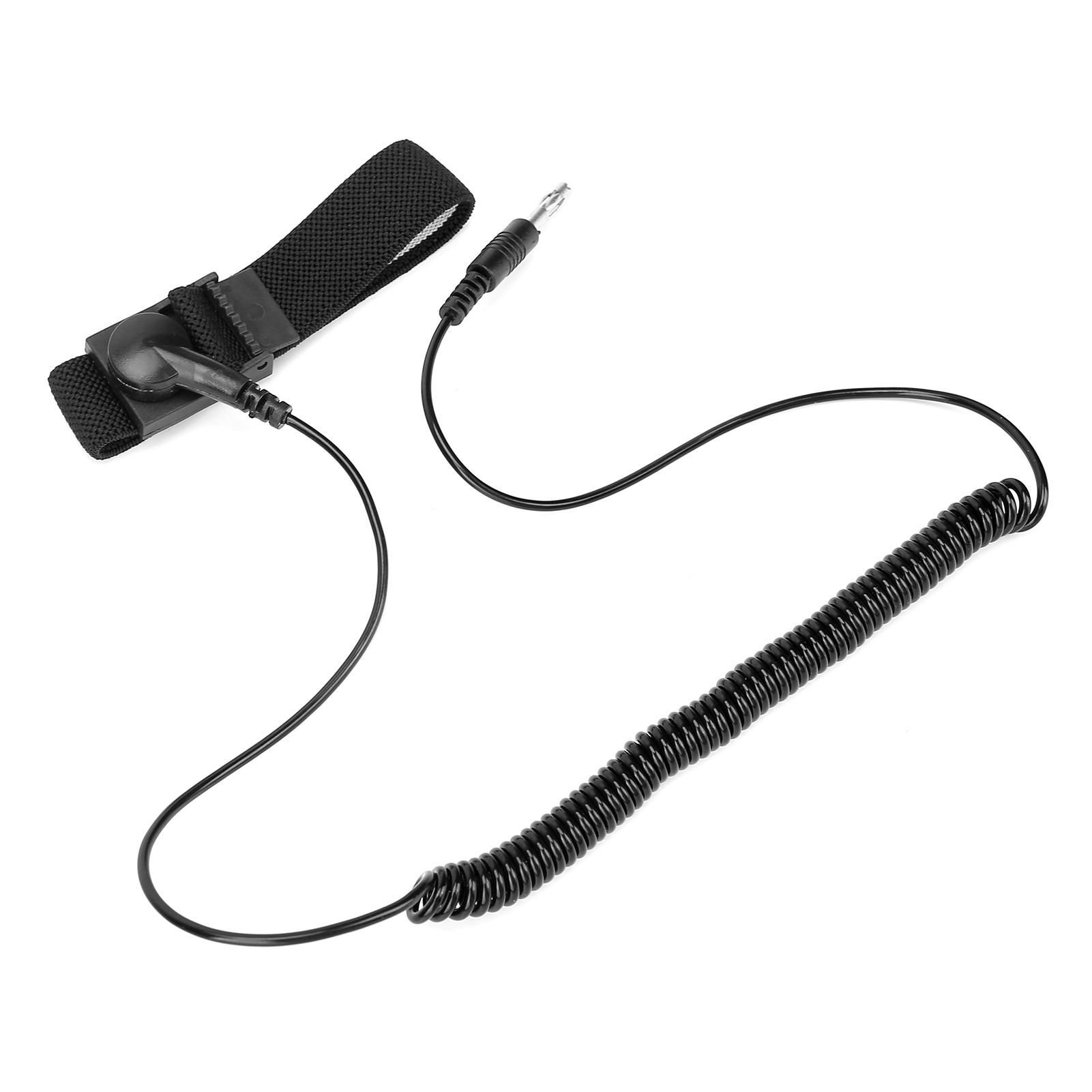 Schwarzes antistatisches Armband mit Spiralkabel und Stecker. Weißer Hintergrund.