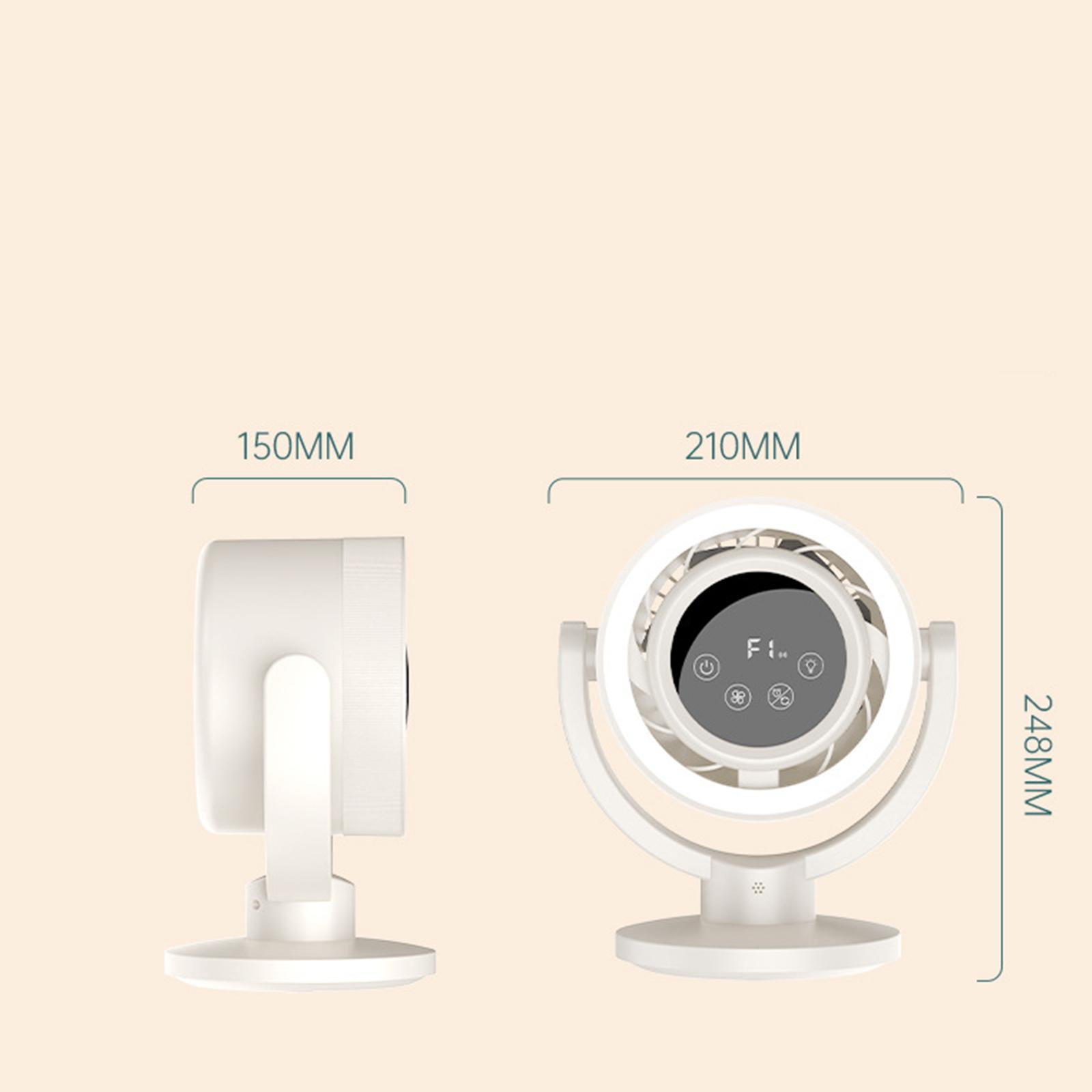 Weißer Ventilator mit Digitalanzeige, Abmessungen beschriftet. Der Ventilator steht auf einem weißen Sockel. Der Hintergrund ist hellbeige.