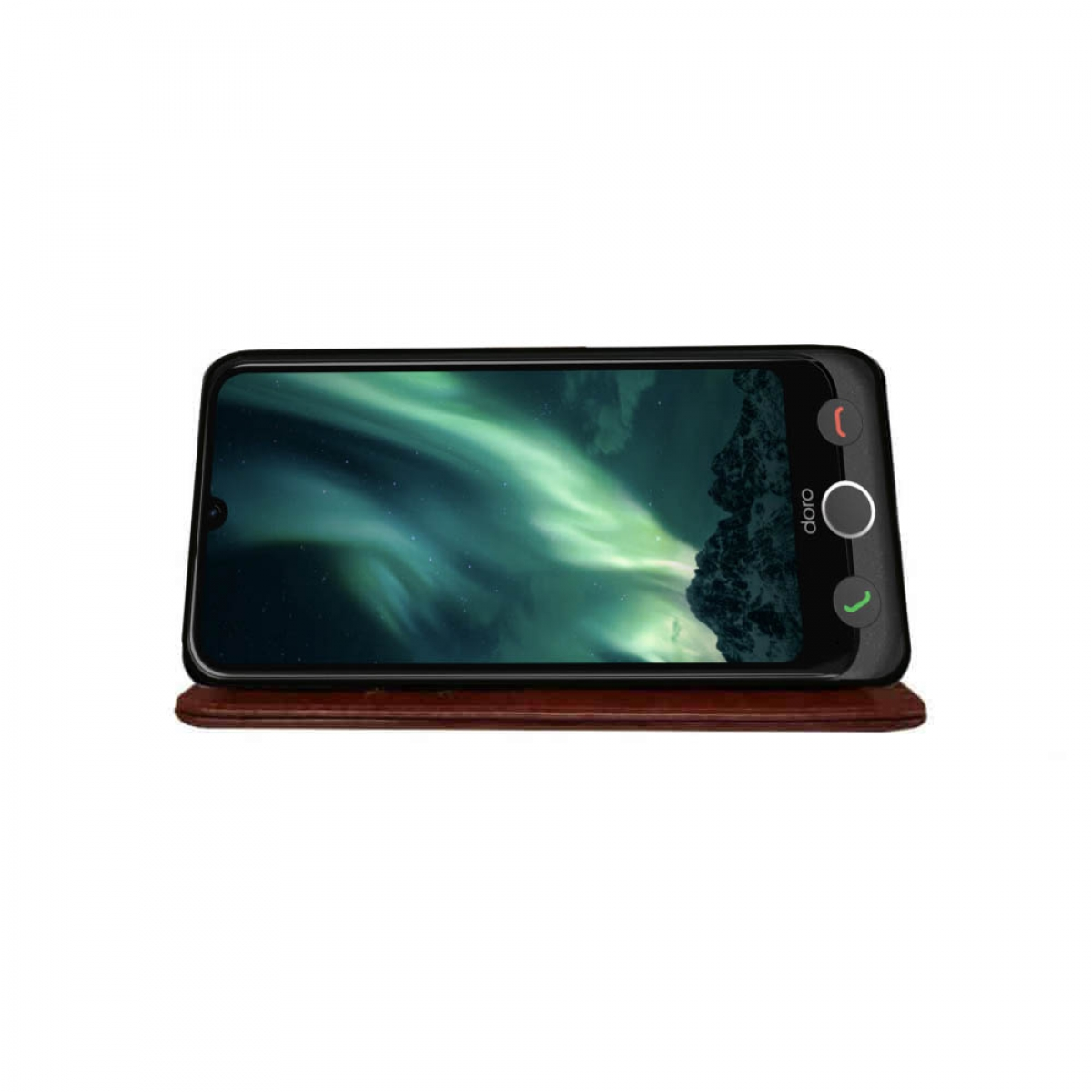 Schwarzes Smartphone mit Nordlichtern, auf einem braunen Ständer. Das Telefon hat eine Anruftaste.