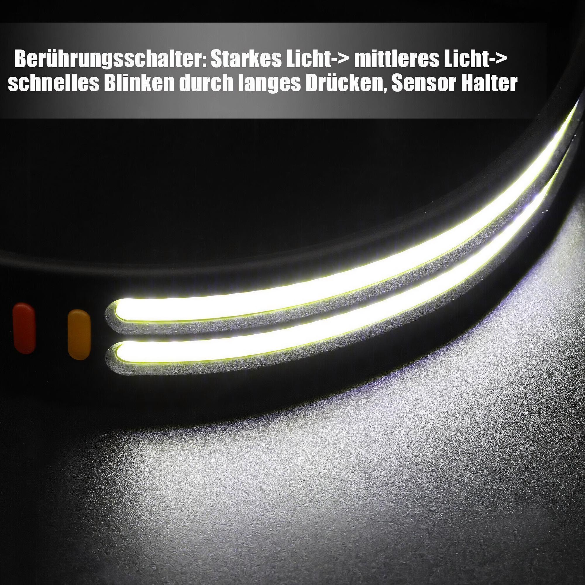 Schwarzes Gerät mit zwei Lichtstreifen. Rote und gelbe Knöpfe sichtbar. Text oben.