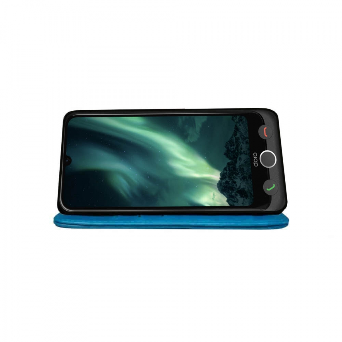 Schwarzes Smartphone mit Nacht-Himmel-Bildschirm, auf blauem Ständer. Anruf-Buttons sind sichtbar.