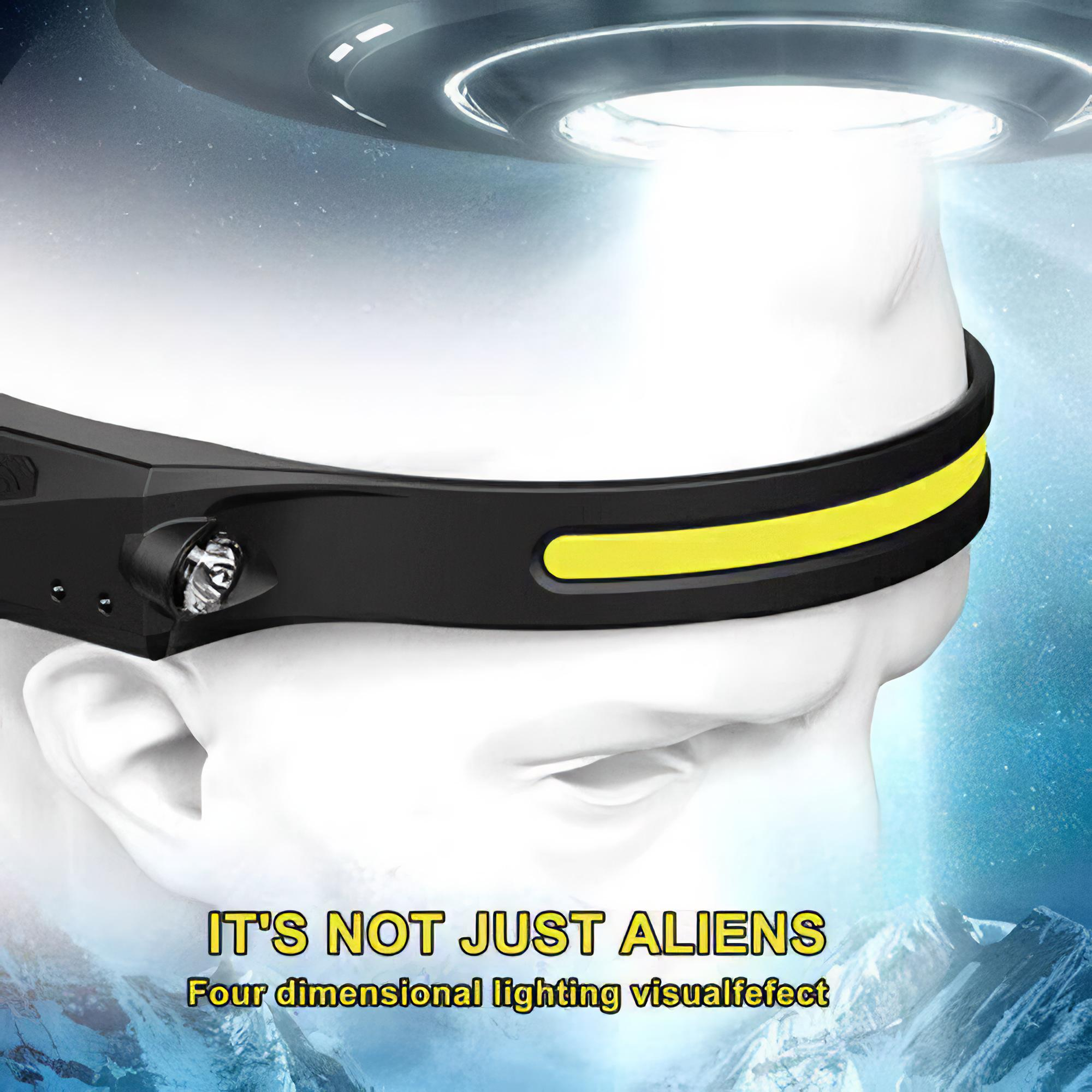 Eine Stirnlampe auf einem Schaufensterkopf, mit hellem Licht. Der Hintergrund hat ein UFO und eine Bergkette.