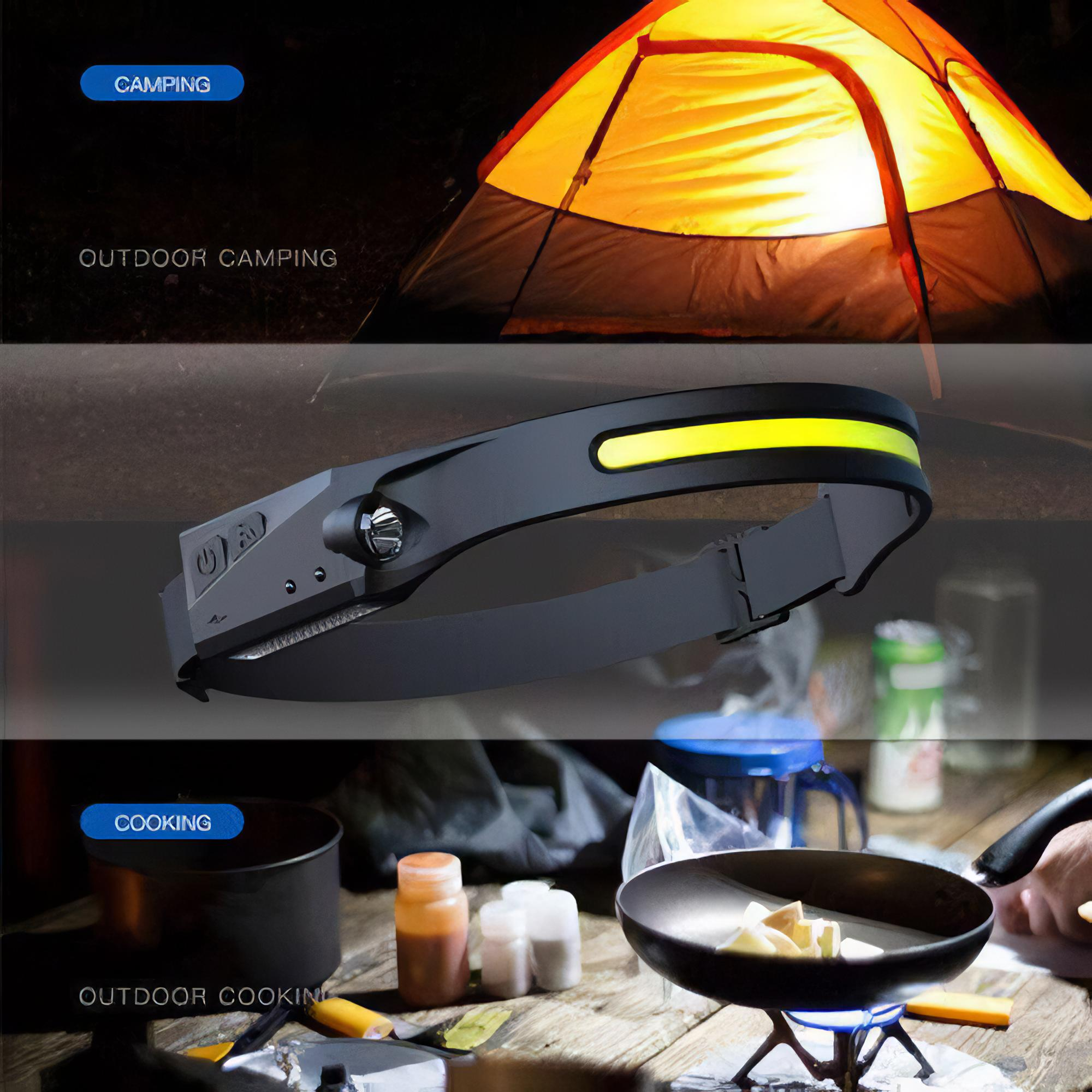 Eine Stirnlampe und ein Zelt werden gezeigt, ebenso wie Kochutensilien und Zutaten.