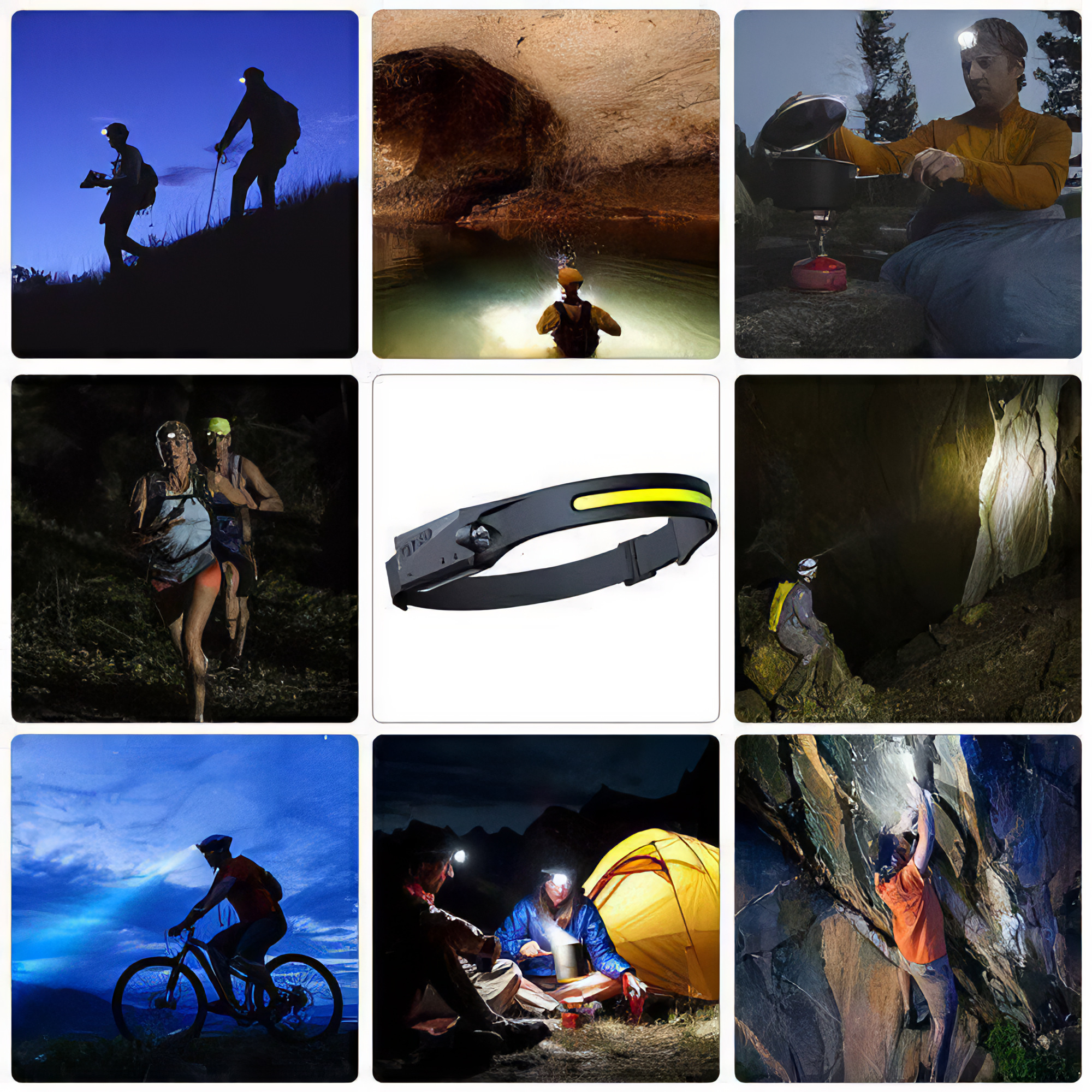 Leute wandern, höhlenforschen, laufen, radfahren und klettern. Alle benutzen Stirnlampen. Camping und Kochen werden ebenfalls dargestellt.
