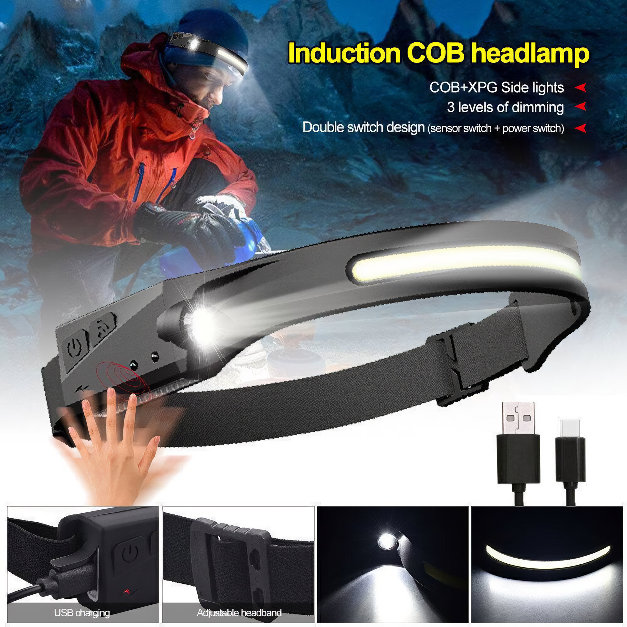 Eine Person mit Stirnlampe. Merkmale sind COB-Lichter, Dimmung und USB-Aufladung. Enthält Produktdetails und Nahaufnahmen.