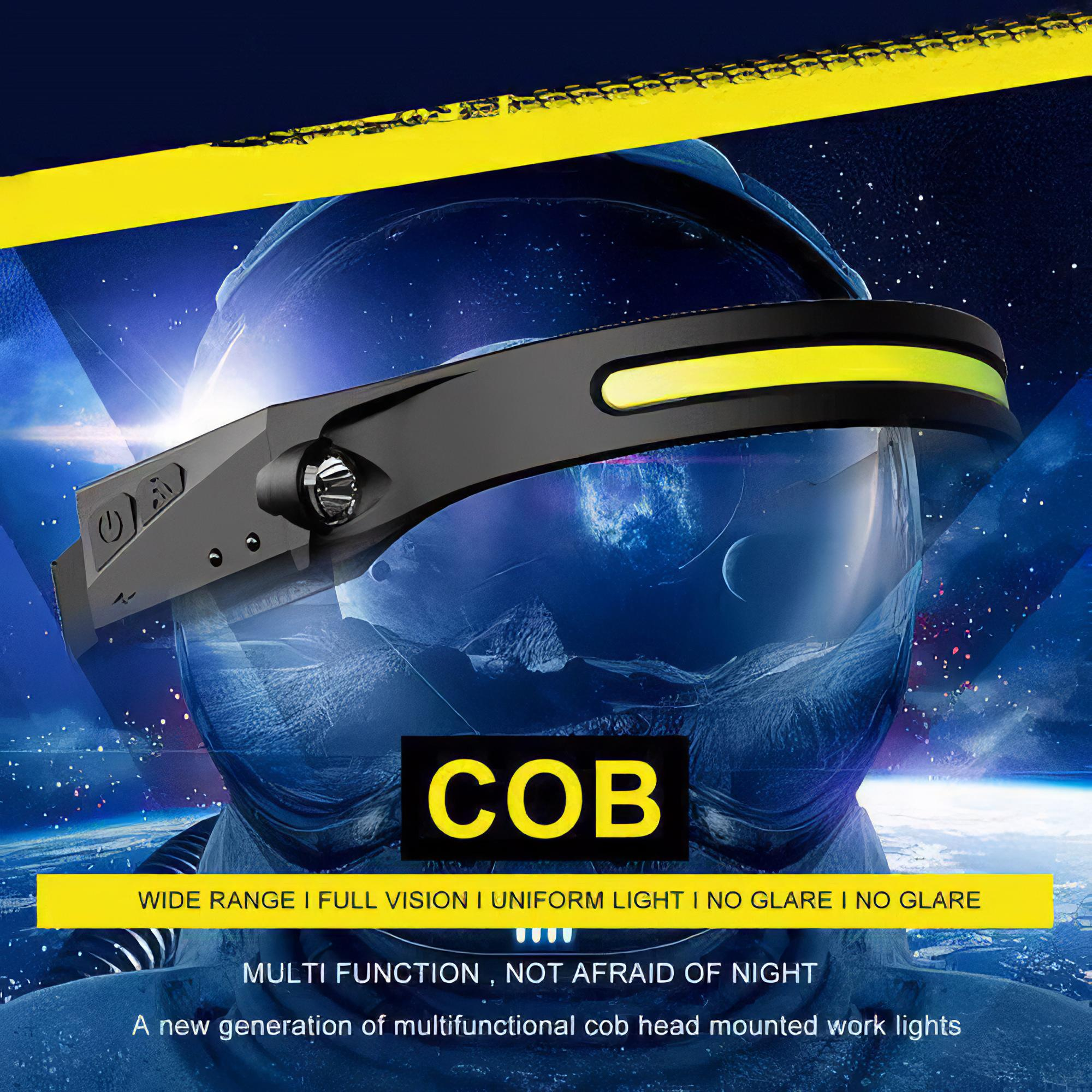Stirnlampe mit gelben Akzenten. Hintergrund zeigt eine kosmische Szene. Text: COB, Multifunktion, Keine Angst vor der Nacht.
