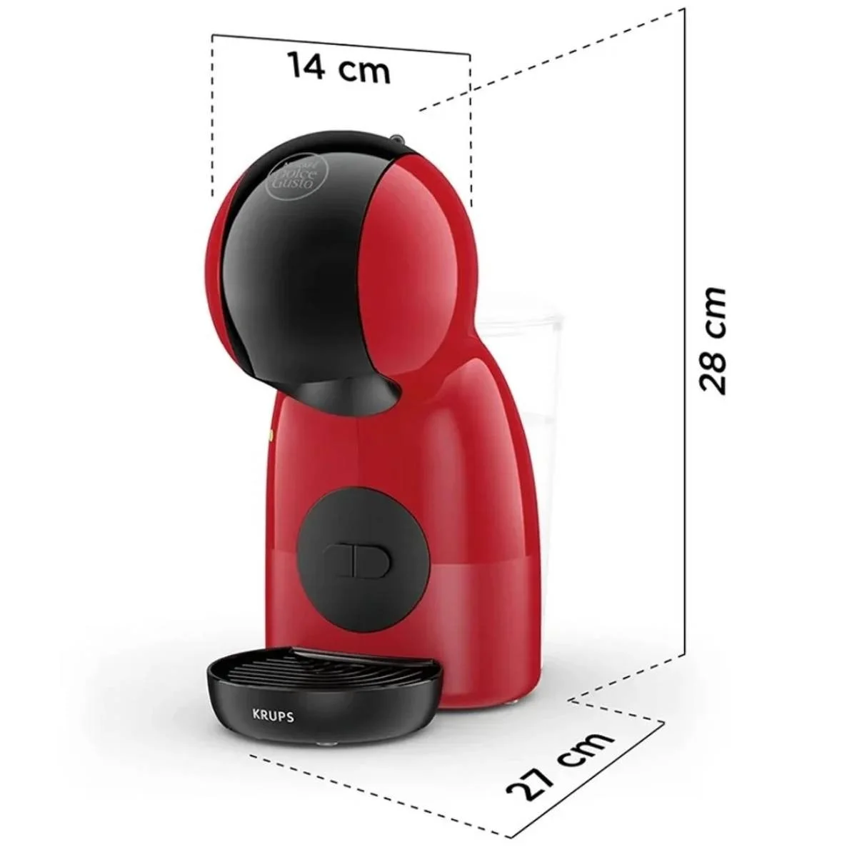 Una macchina da caffè Krups Dolce Gusto rossa e nera, dimensioni: 14 cm larghezza, 28 cm altezza e 27 cm profondità.