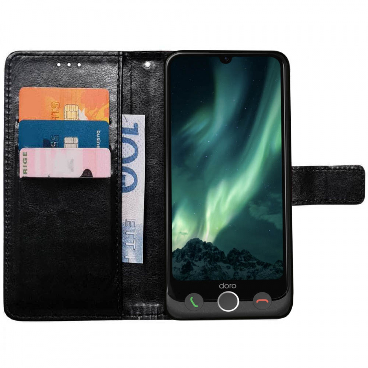 Schwarzes Telefon in einer Brieftasche mit Karten und einer Banknote. Telefon zeigt Nordlichter.