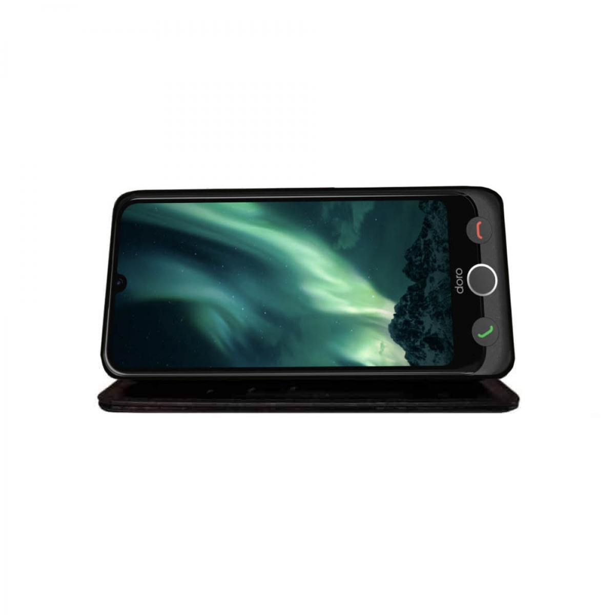 Ein schwarzes Smartphone mit einem Bildschirm, der grüne und blaue Polarlichter zeigt. Es befindet sich in einem schwarzen Gehäuse.
