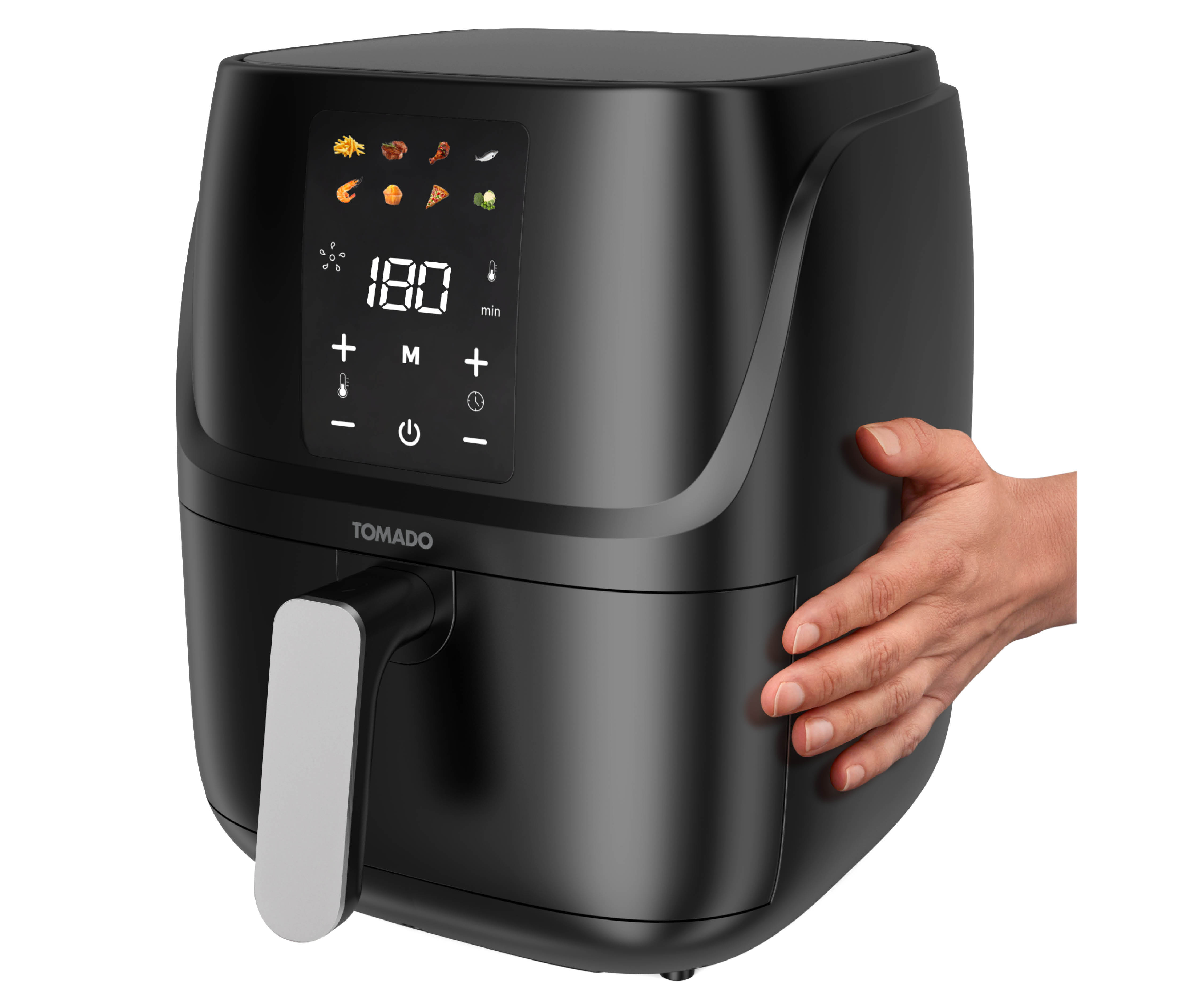Schwarze Heißluftfritteuse mit Digitalanzeige 180. Hand berührt die Seite. Essenssymbole sichtbar.