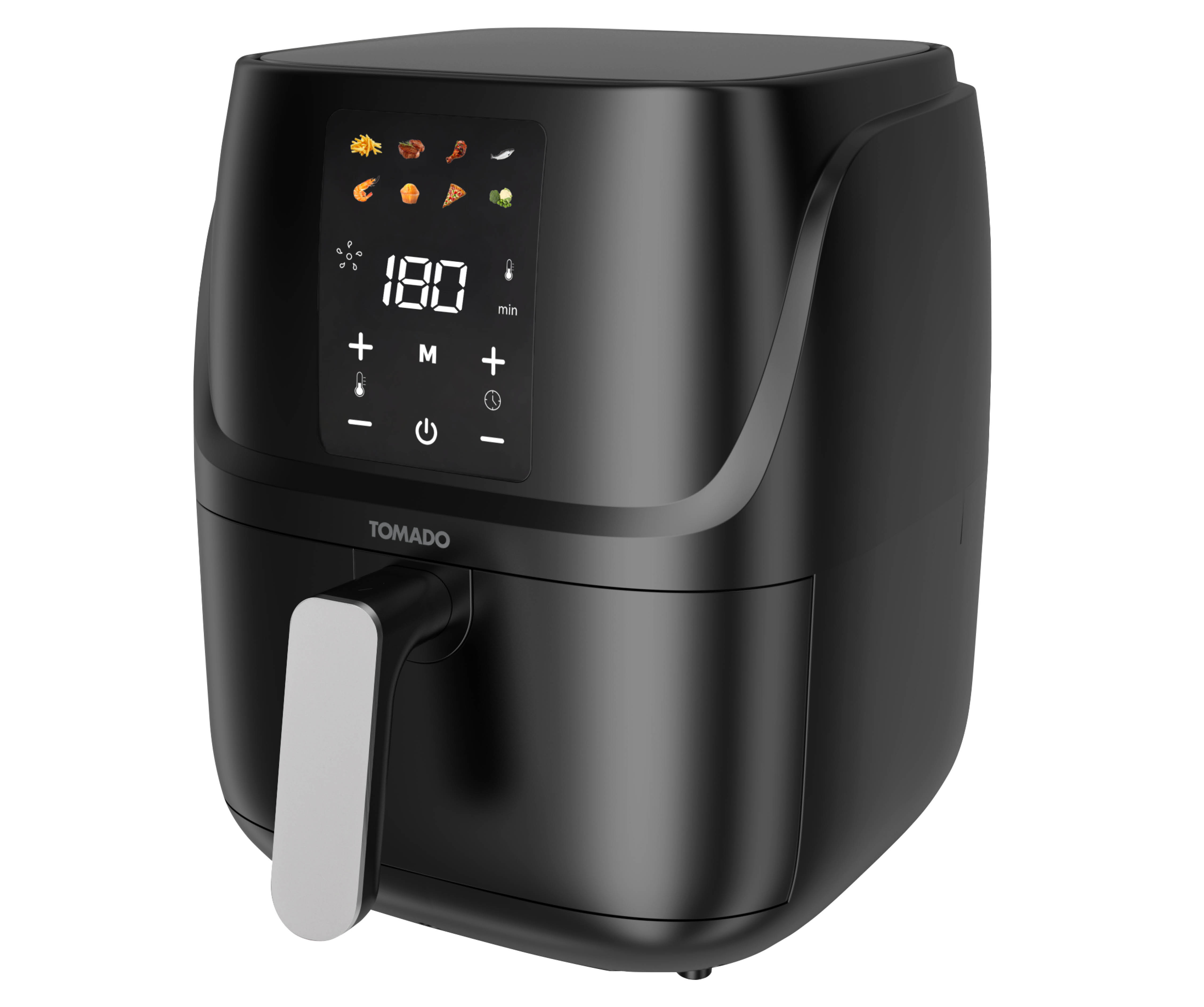 Schwarze Heißluftfritteuse mit digitaler Anzeige von 180 Grad. Sie hat einen silbernen Griff und einen weißen Hintergrund.