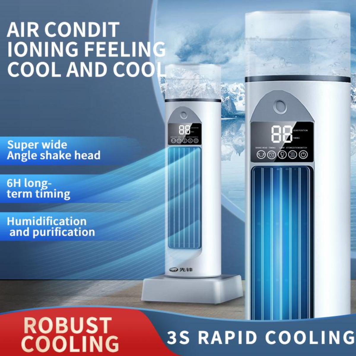 Zwei weiße Turmventilatoren mit blauen Akzenten. Text enthält 'Klimaanlage', 'Kühlung' und 'Befeuchtung'.