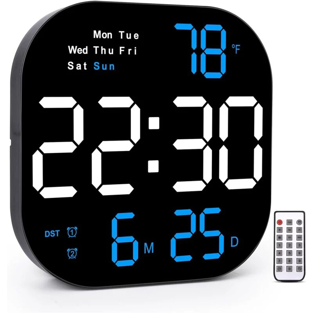 Digitaluhr zeigt Zeit 22:30, Temperatur 78°F, Datum und Tag an. Eine Fernbedienung liegt daneben.