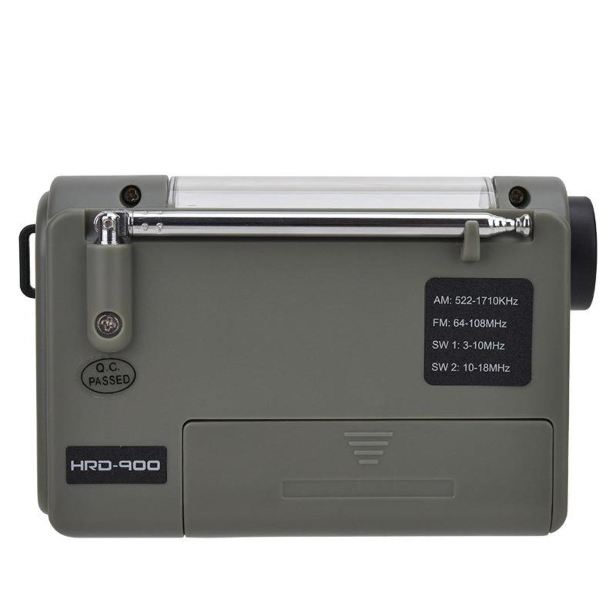 Graues HRD-900 Radio. Es hat eine Antenne, einen Abstimmknopf und eine Frequenzanzeige mit AM-, FM- und SW-Bändern.