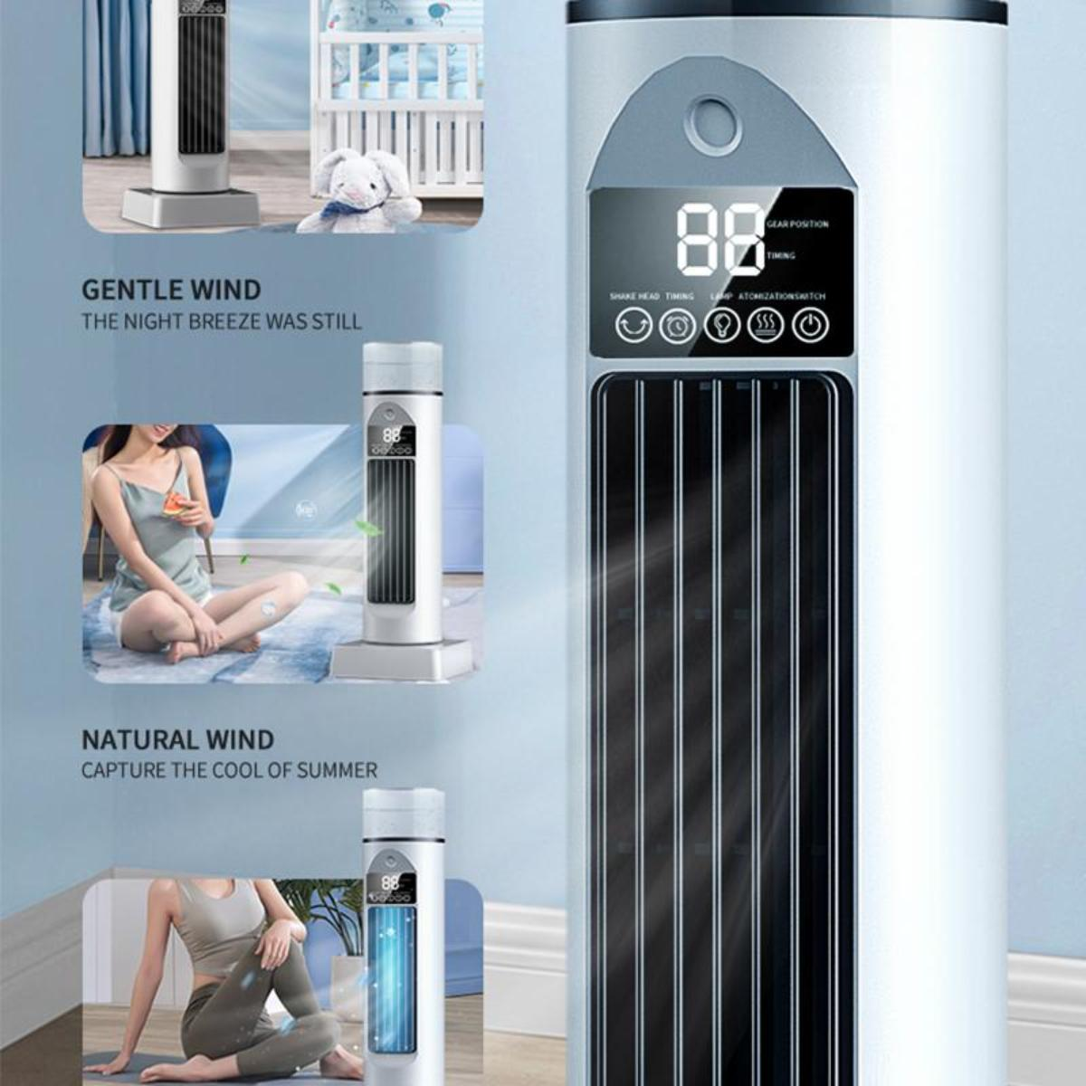 Ein weißer Turmventilator mit digitaler Anzeige, Symbolen und Text. Anzeigen zeigen Personen, die ihn benutzen. Text sagt 'Gentle Wind' und 'Natural Wind'.
