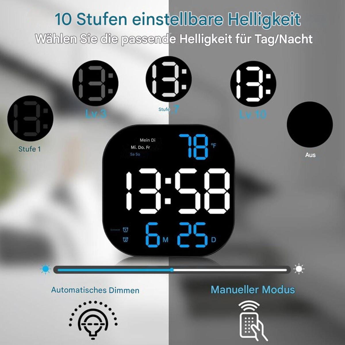 Digitaluhr mit einstellbarer Helligkeit. Zeigt Zeit, Temperatur und Tag an. Verfügt über automatische und manuelle Dimmmodi.