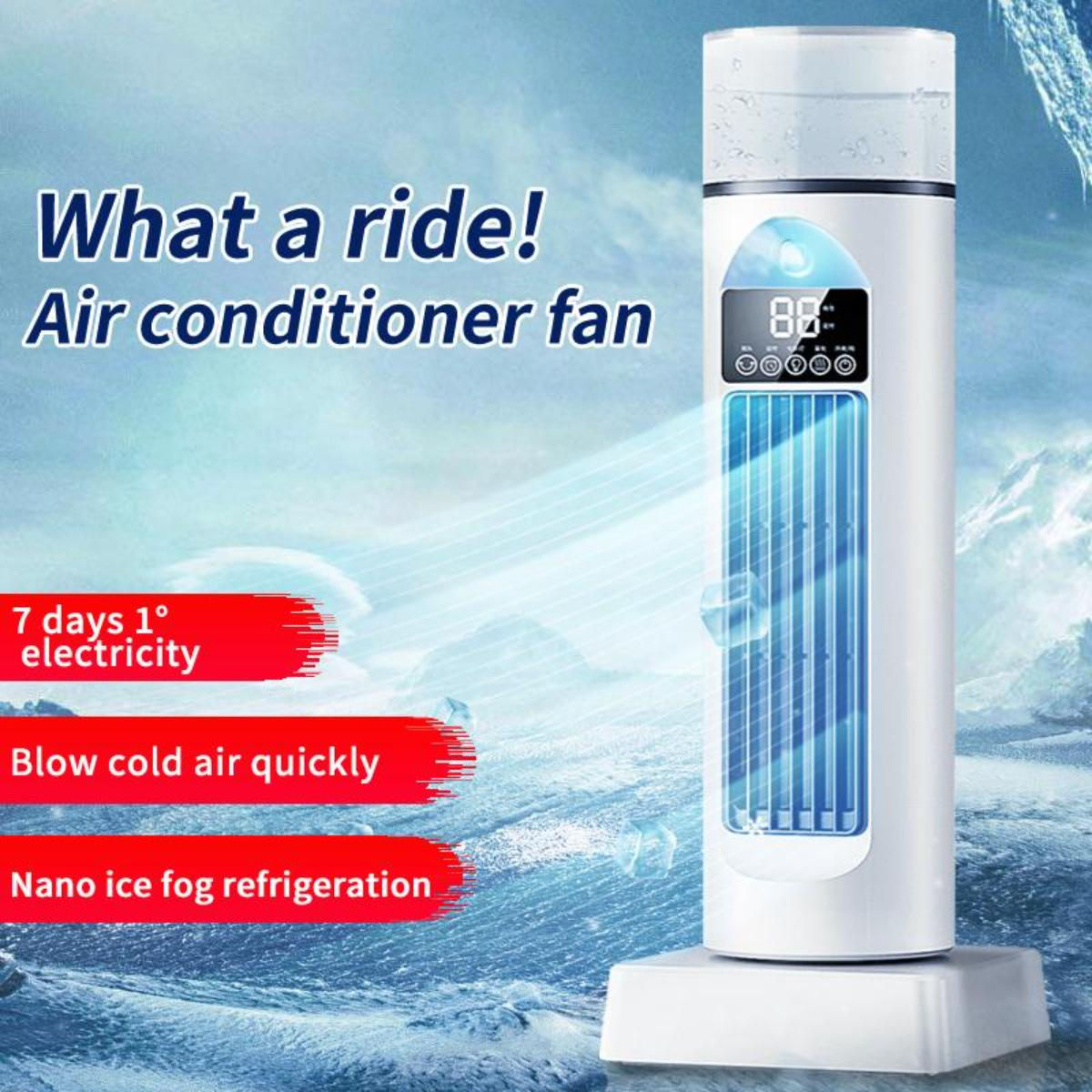 Weißer Klimaanlagenventilator mit blauen Akzenten, Text: Was für eine Fahrt! Klimaanlagenventilator, und Funktionen wie kalte Luft und geringer Stromverbrauch.