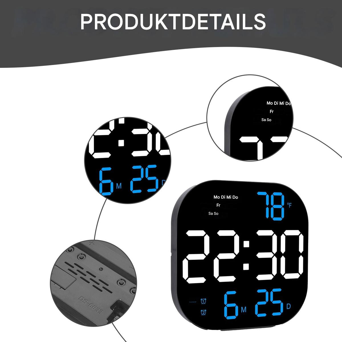 Schwarze Digitaluhr mit weißen Zahlen und blauen Details, die Zeit, Datum und Temperatur anzeigt. Produktdetails im Hintergrund.