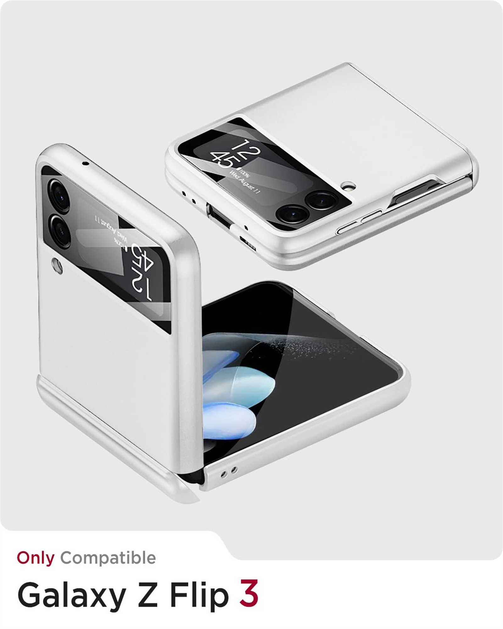 Drei silberne Samsung Galaxy Z Flip 3 Handys, eines offen, zwei geschlossen, auf weißem Untergrund. Zeit und Datum auf Bildschirmen.