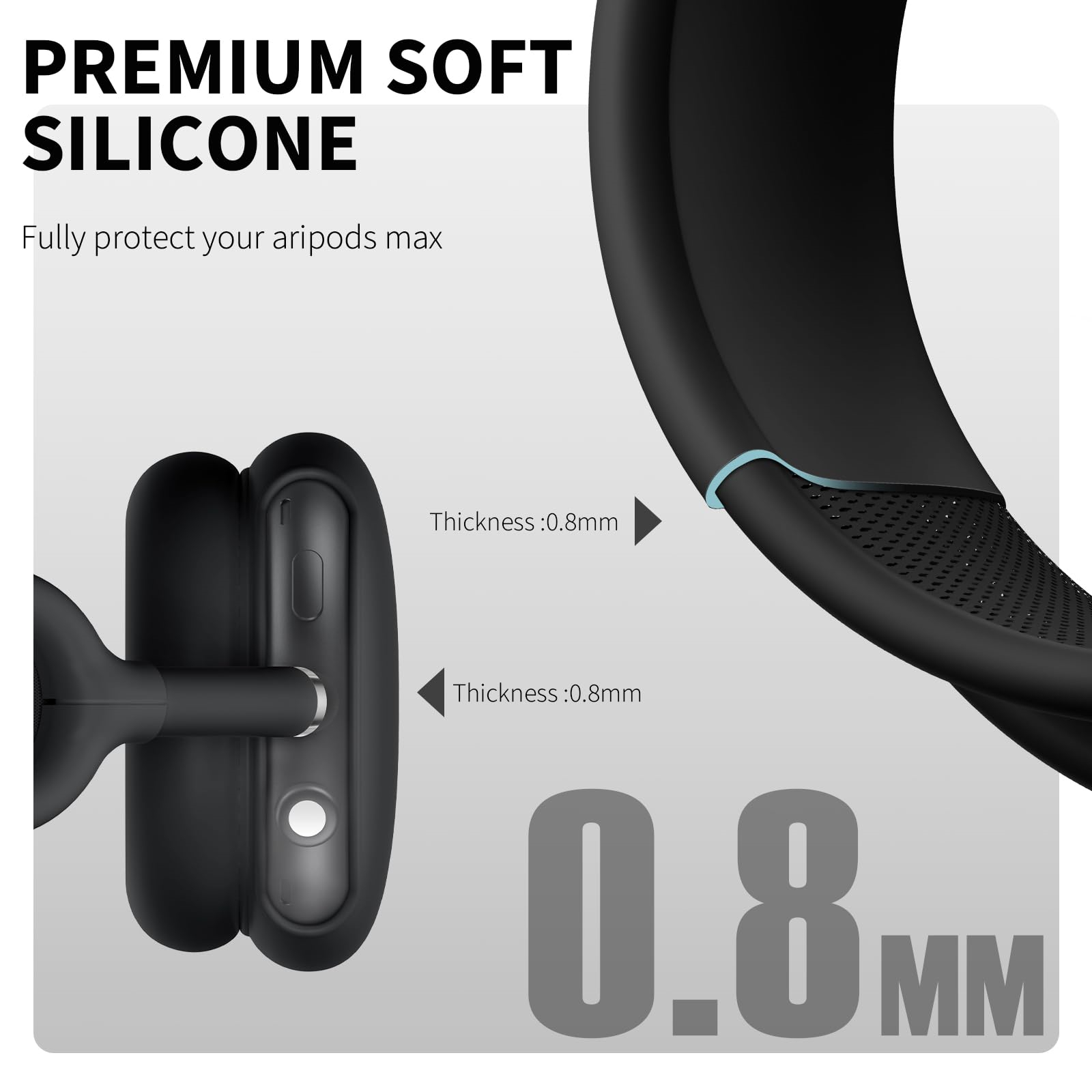 Schwarzes Silikonetui für AirPods Max. Text zeigt 0,8 mm Dicke. Weißer Hintergrund mit Produktname.