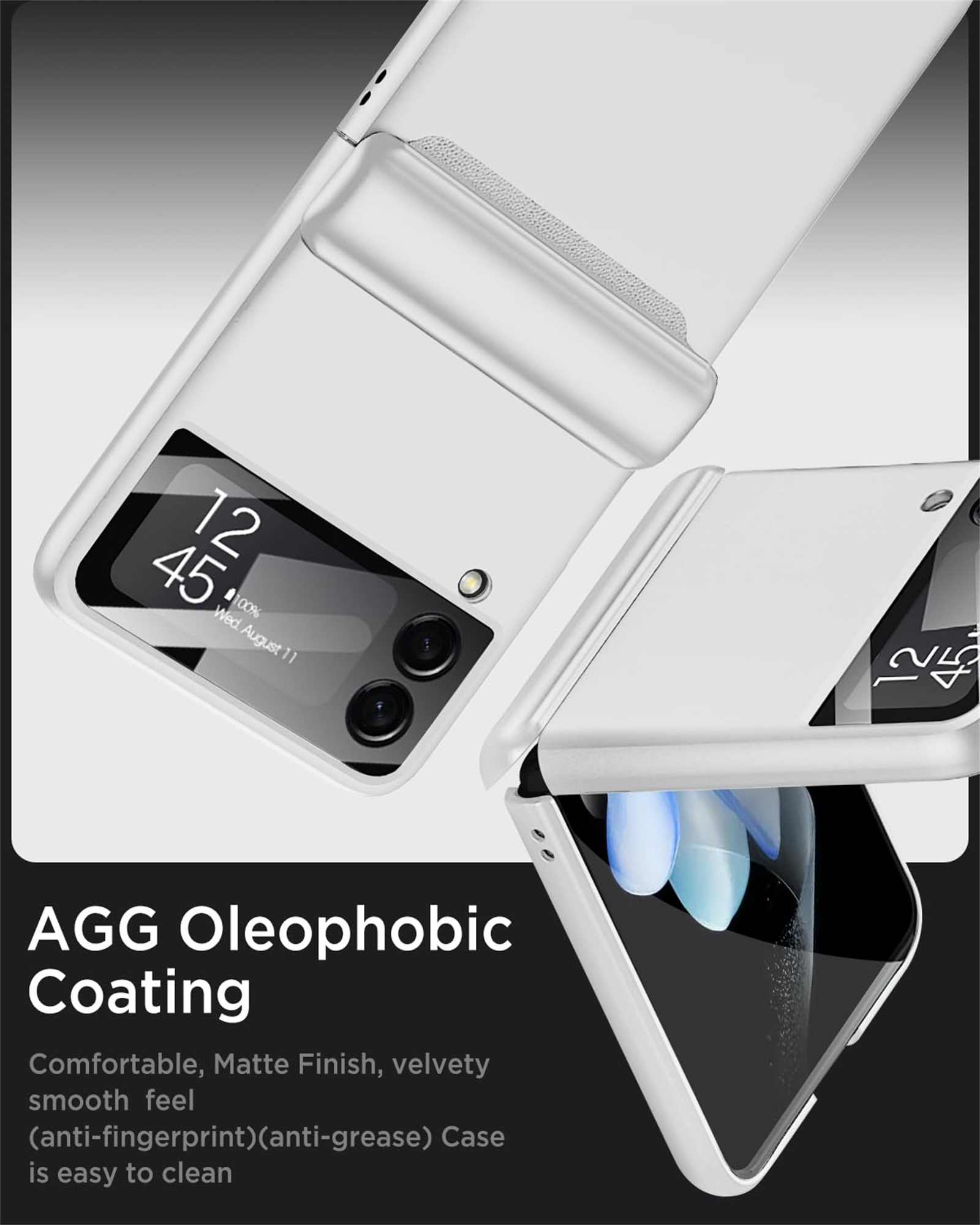 Weiße Handyhülle mit Uhrzeitanzeige. Text: AGG Oleophobic Coating, komfortabel, mattes Finish.