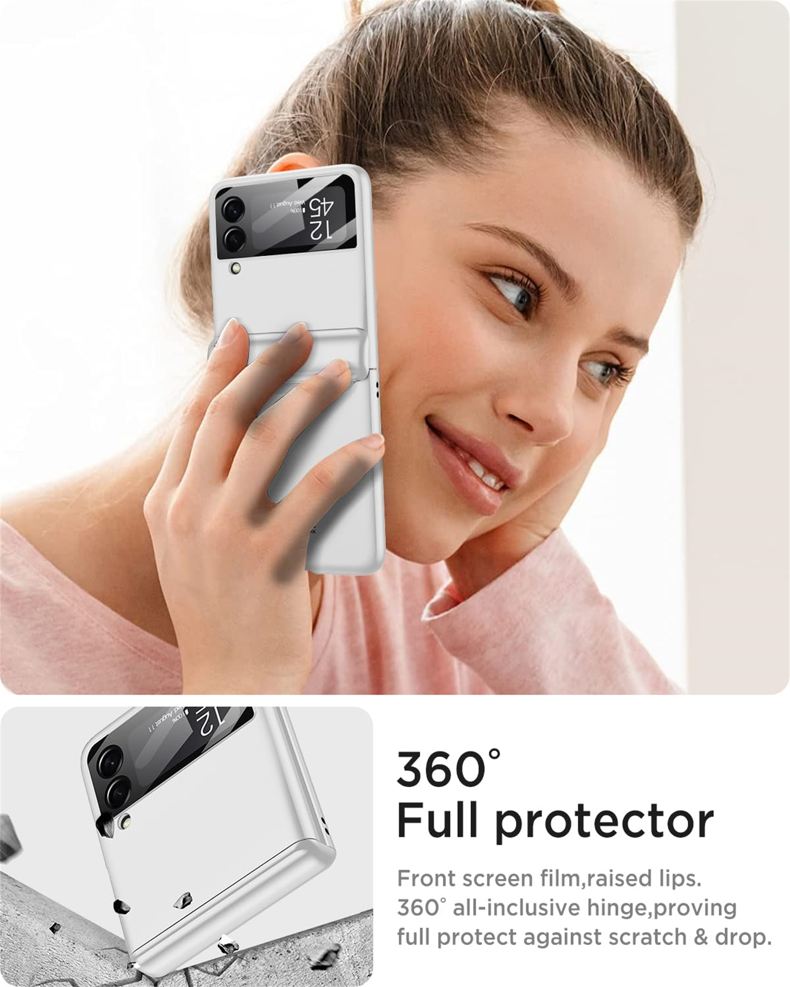 Frau hält eine weiße Handyhülle. Die Hülle schützt das Telefon. Text auf dem Telefonbildschirm.