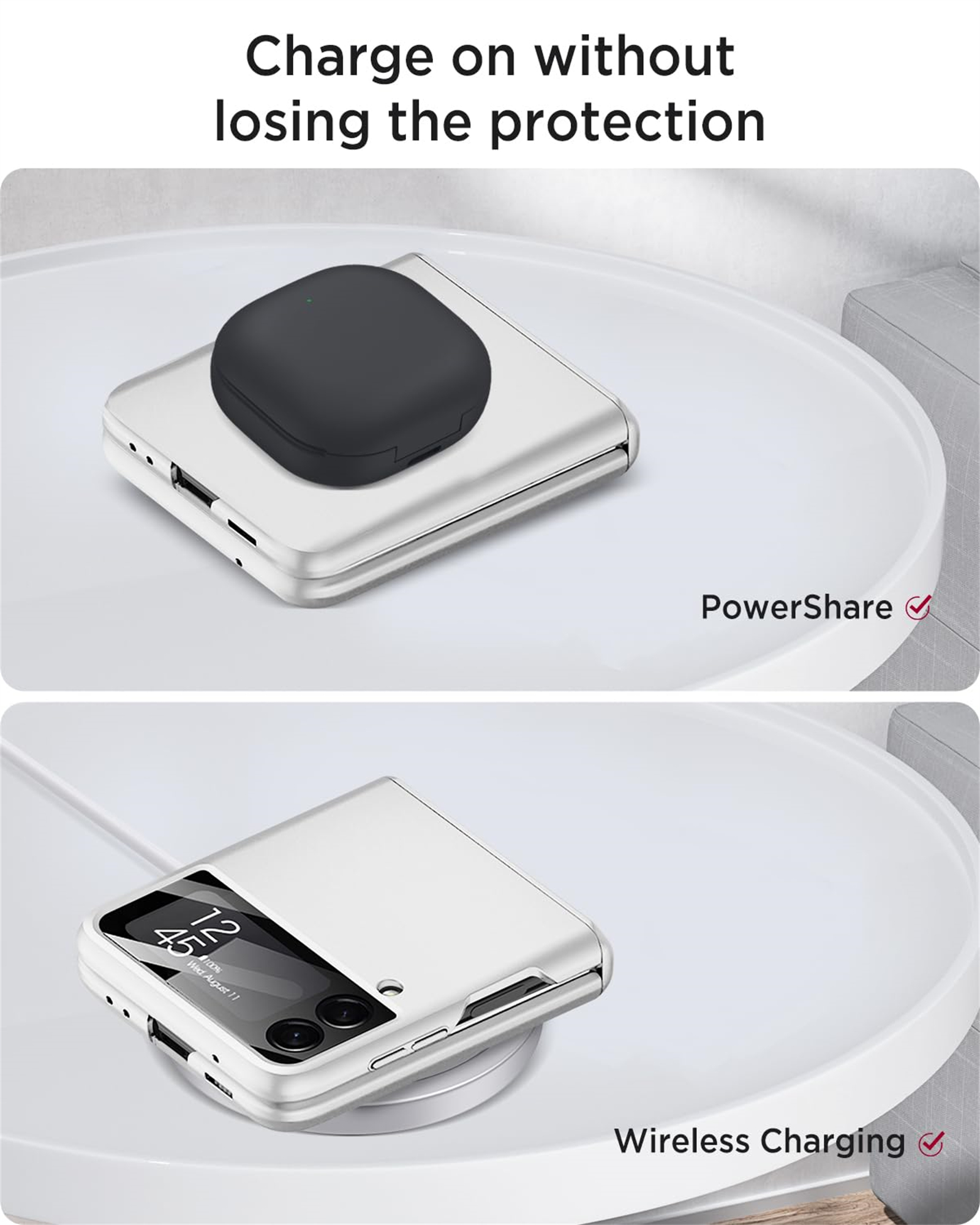 Ein Telefon und ein Ohrhörer-Etui befinden sich auf einem Ladepad. Ein Abschnitt zeigt PowerShare, der andere kabelloses Laden.