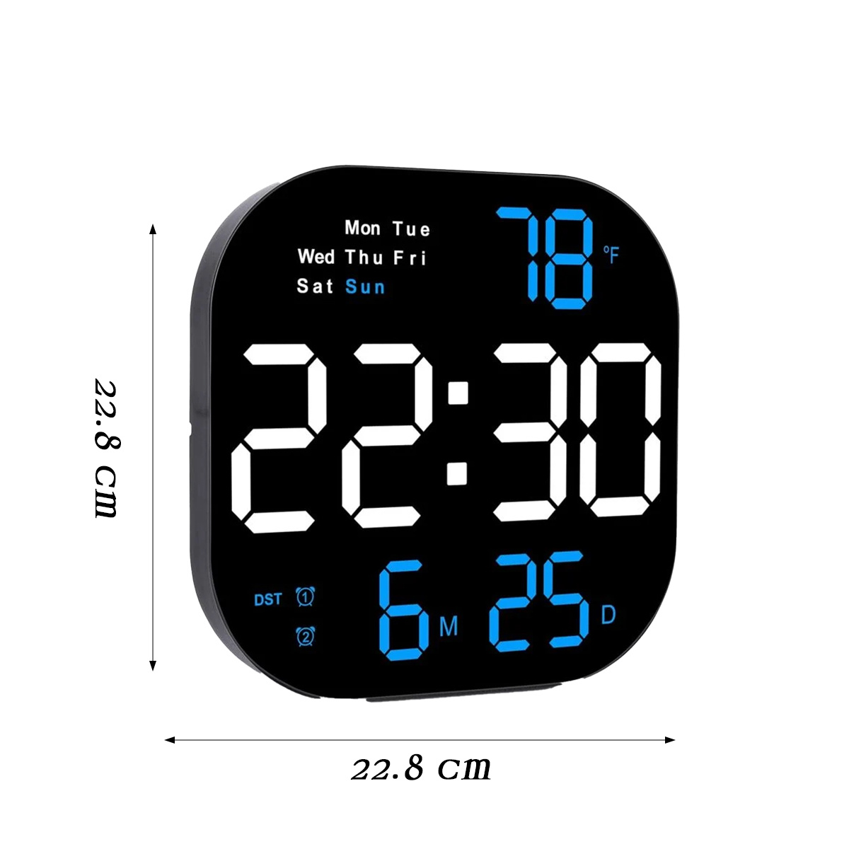 Digitaluhr zeigt die Zeit 22:30, die Temperatur 78°F, den Tag und das Datum an. Sie ist schwarz mit weißen und blauen Ziffern und misst 22,8 cm.