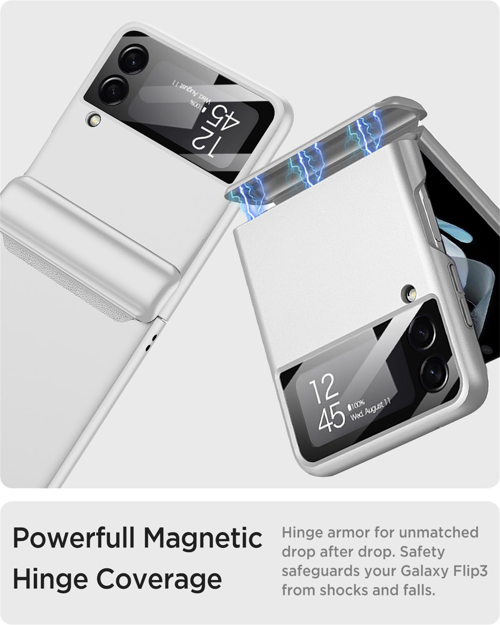 Zwei weiße Handyhüllen, eine offen, zeigen Bildschirme. Der Text lautet: 'Powerfull Magnetic Hinge Coverage' und 'Hinge armor'.