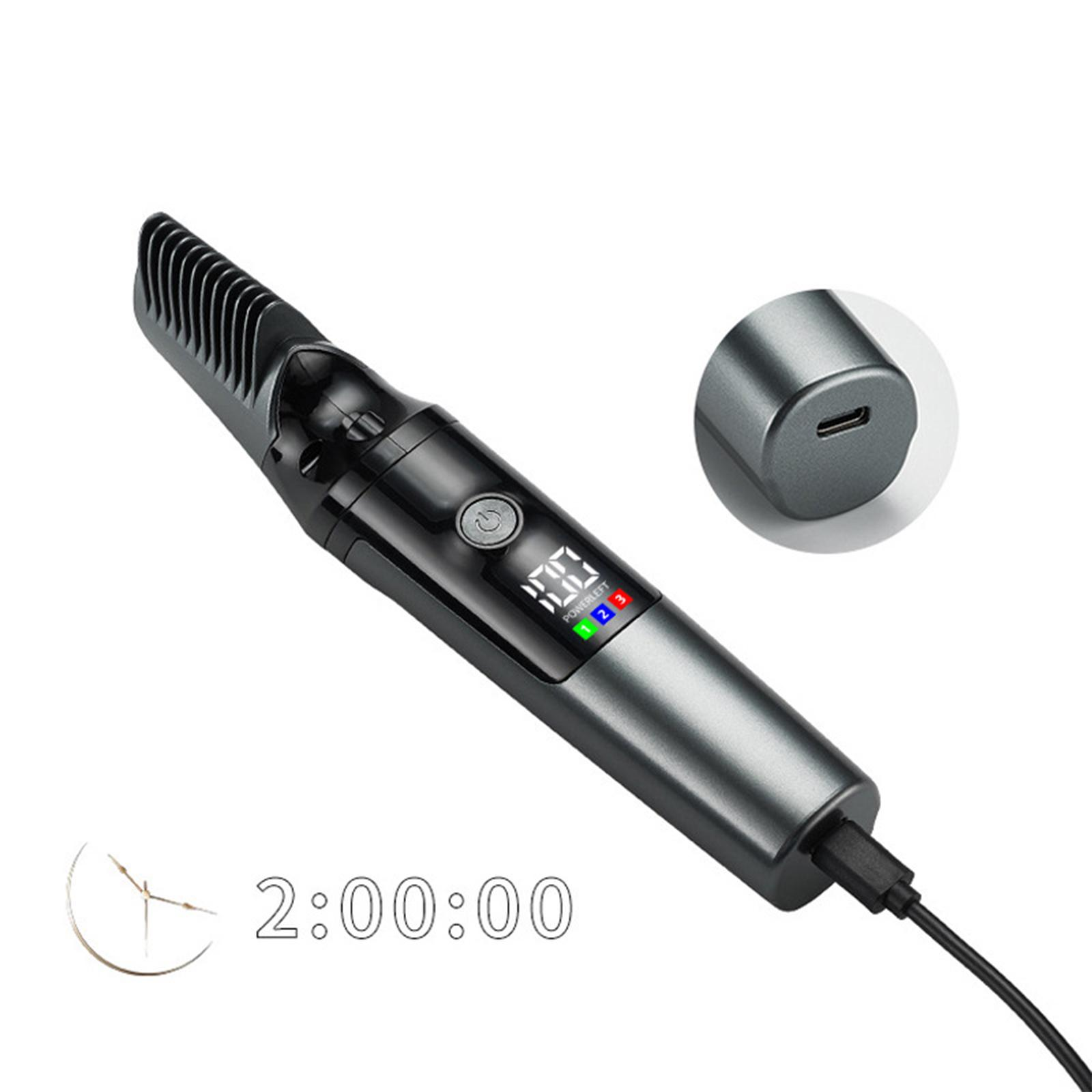 Schwarzer Haarglätter mit Kamm, Digitalanzeige zeigt 100 und Leistungsstufe. Außerdem USB-Ladeanschluss und Timer.