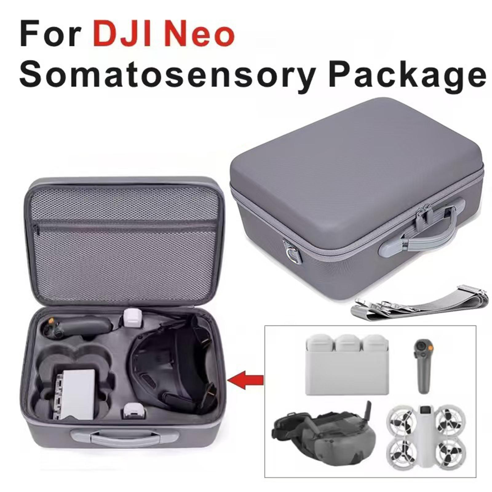 DJI Neo somatosensorisches Paket. Grauer Koffer geöffnet, enthält Drohnenzubehör. Geschlossener Koffer und anderes Zubehör werden ebenfalls gezeigt.