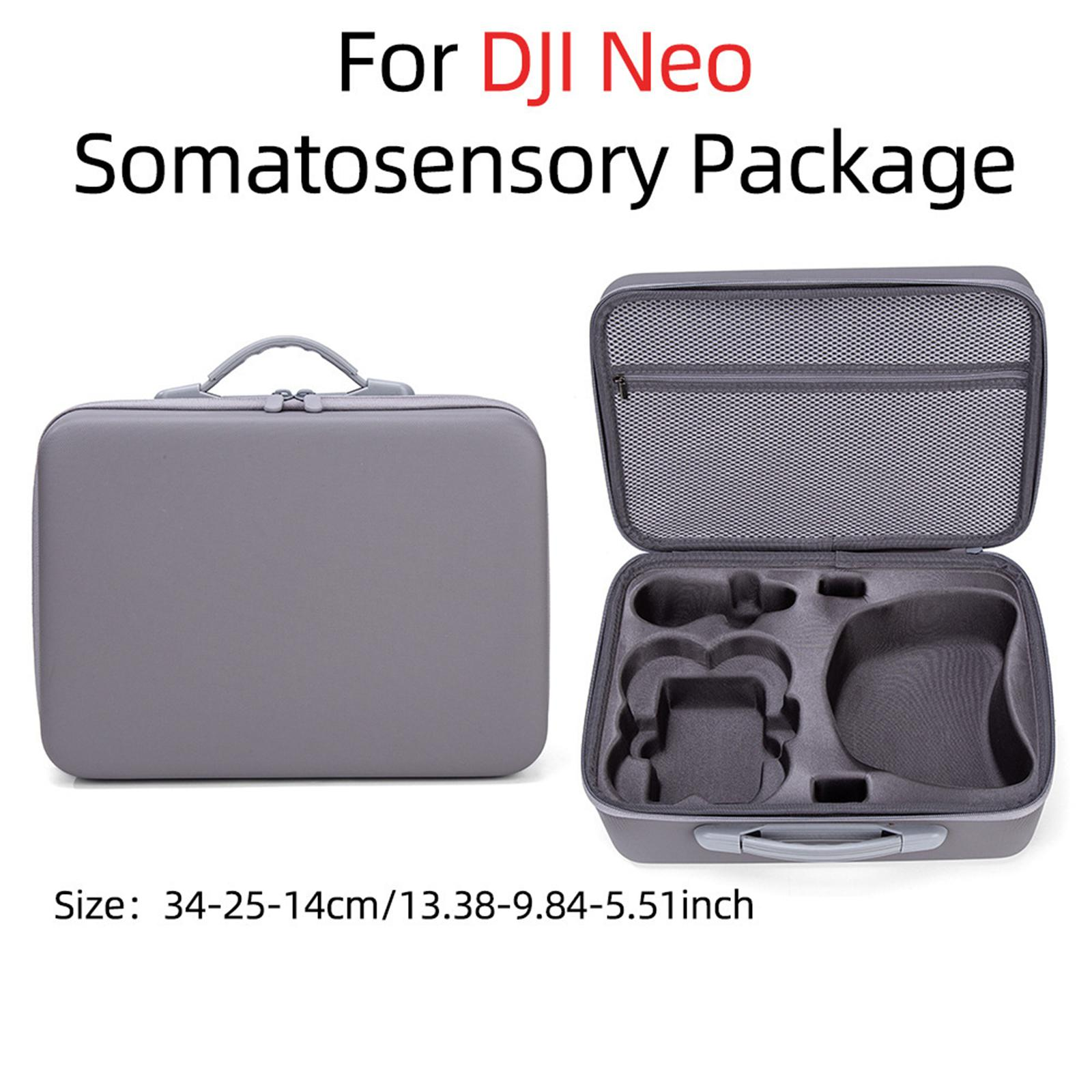 Grauer DJI Neo Koffer, geschlossen und offen, mit Innenfächern. Text: Für DJI Neo Somatosensorik-Paket. Größe: 34-25-14cm.