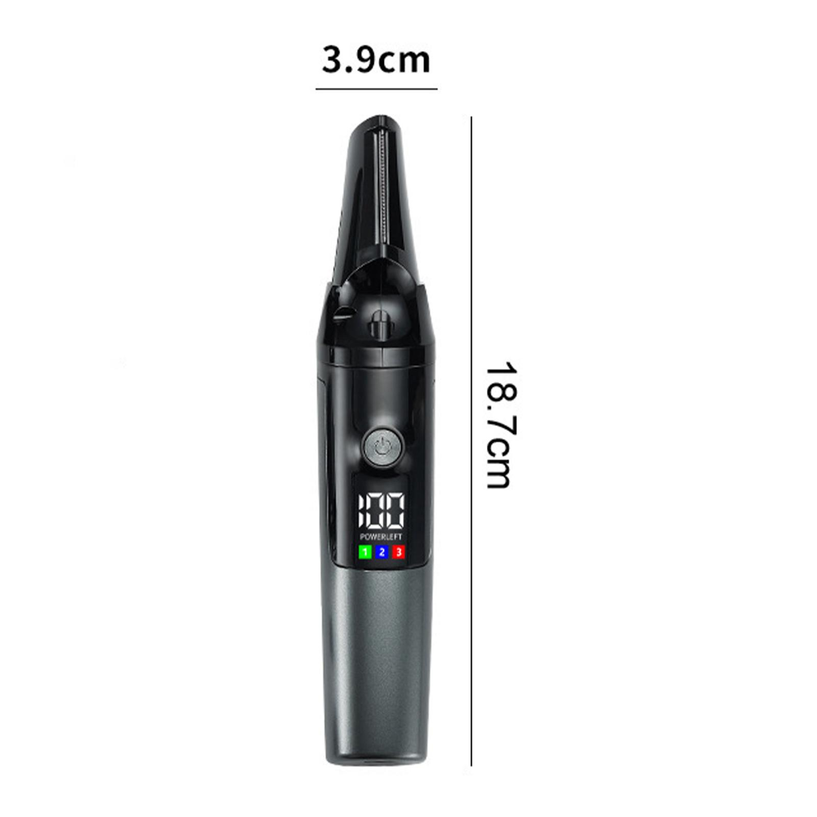 Ein schwarzer elektrischer Trimmer. Er hat eine Digitalanzeige, einen Ein-/Aus-Schalter und zeigt Länge und Breite, 18,7 cm und 3,9 cm.