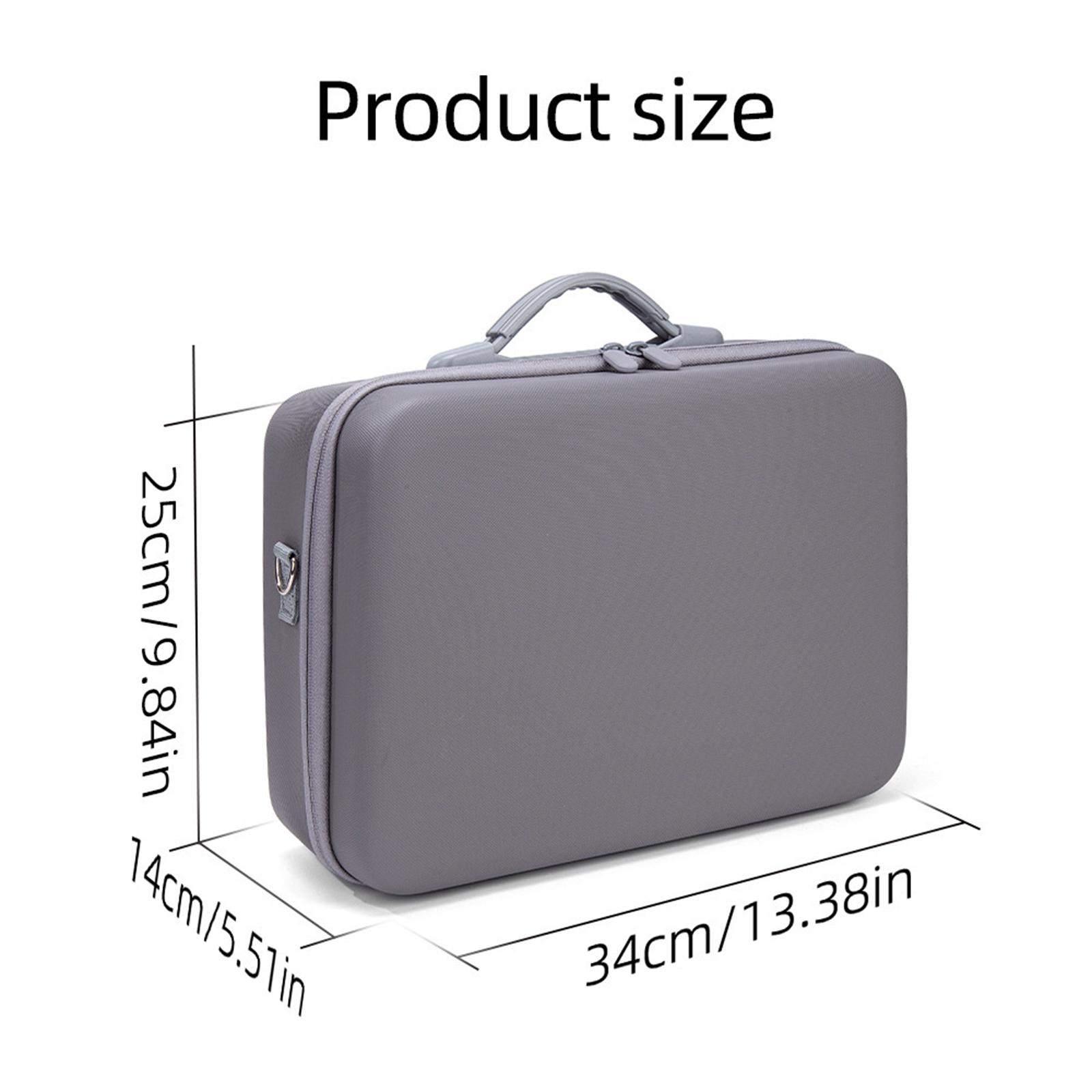 Grauer Koffer mit Griff und Reißverschluss. Maße sind 34x14x25cm. Text oben sagt 'Produktgröße'.