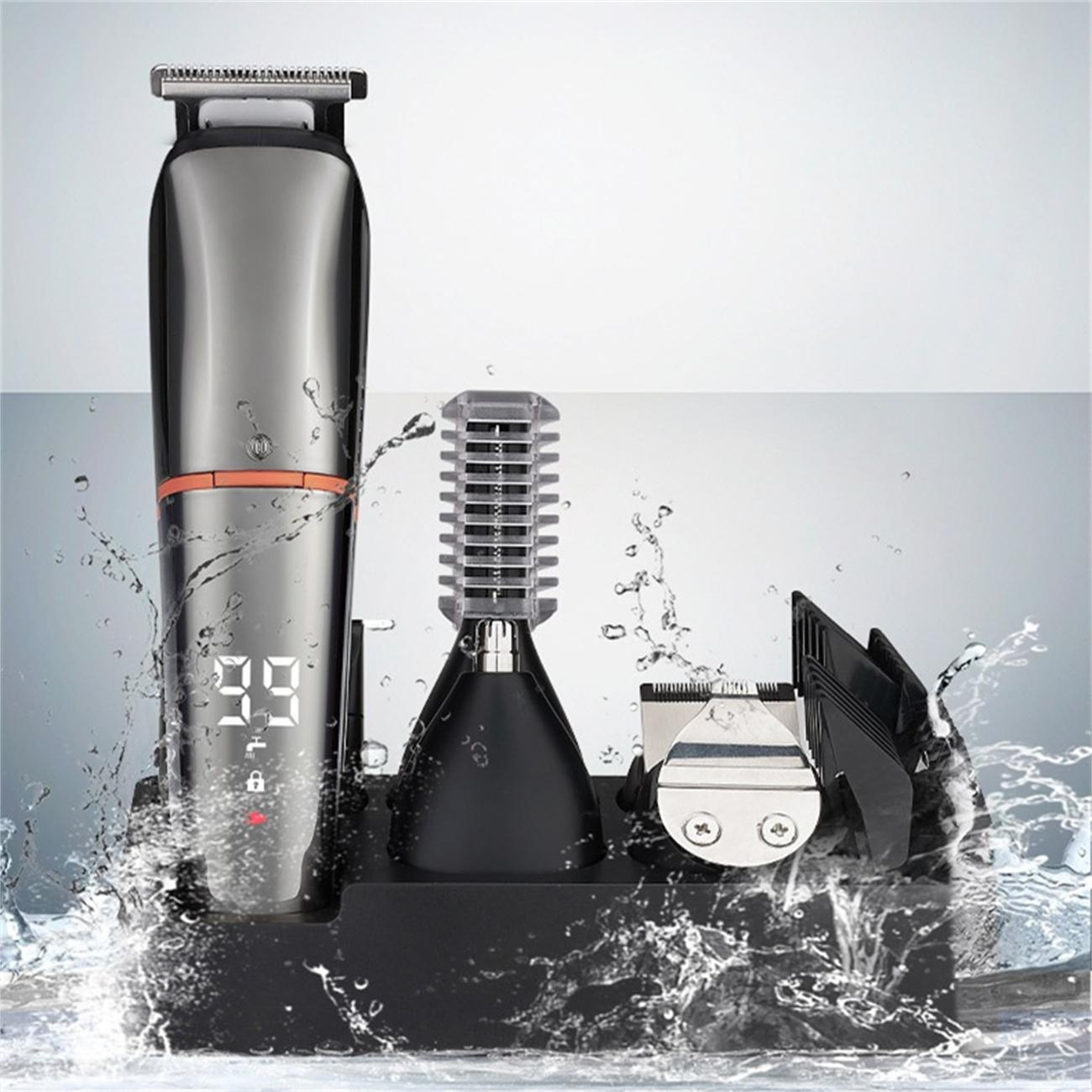Ein silberner Elektrorasierer mit Zubehör, Wasser spritzt darum, vor einem Hintergrund mit Farbverlauf.