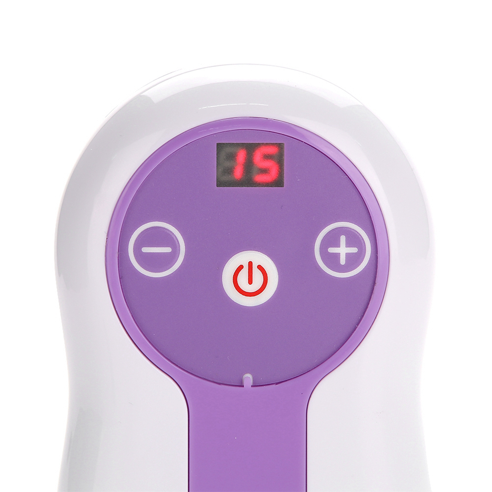 Weiß-violettes Gerät mit roter Anzeige '15'. Mit Tasten und einem Stromsymbol.